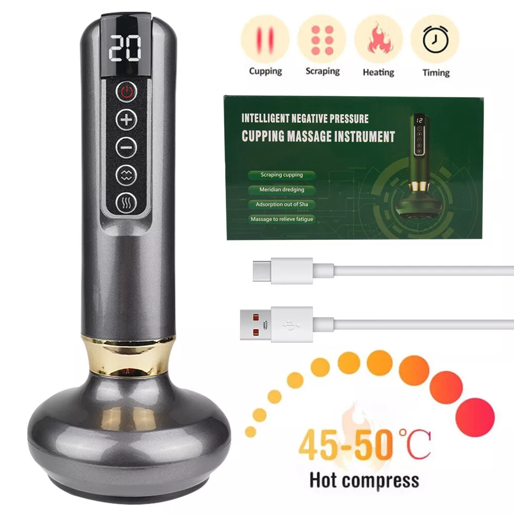 Graues Schröpfmassagegerät mit Digitalanzeige 20, Heiz- und Timing-Funktionen und einer Box mit Details.