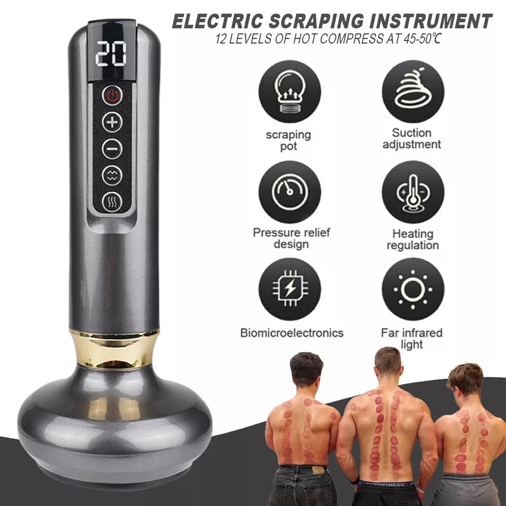 Ein elektrisches Schabinstrument mit Digitalanzeige und Bedientasten. Symbole für Schaben, Saugen, Druck, Heizen und Infrarotlicht.