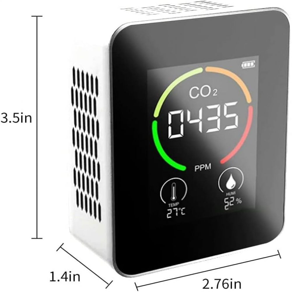 Ein weiß-schwarzer CO2-Monitor zeigt 0435 PPM an. Er zeigt eine Temperatur von 27°C und eine Luftfeuchtigkeit von 52%. Maße: 3,5 Zoll x 2,76 Zoll.