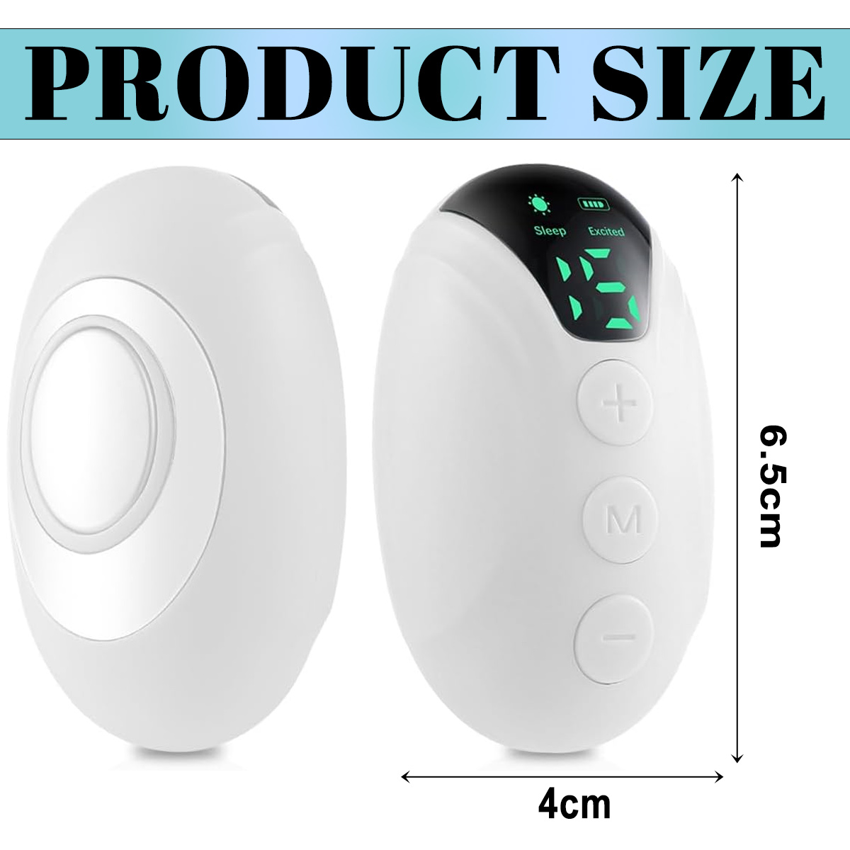 Zwei weiße ovale Geräte. Eines zeigt einen Bildschirm mit 'Sleep' und 'Excited'. Tasten sind +, M und -. Produktgrößenanzeige.