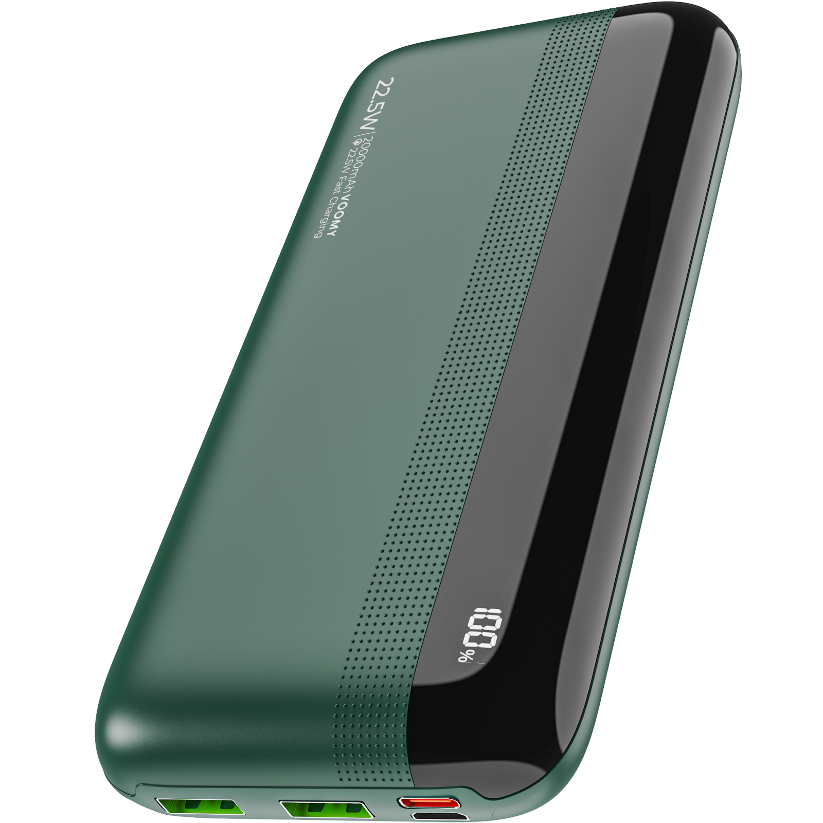 Grüne Powerbank mit schwarzen Akzenten. Zeigt 100 % Ladung an. Verfügt über Anschlüsse zum Aufladen und zur Stromversorgung. Weißer Hintergrund.