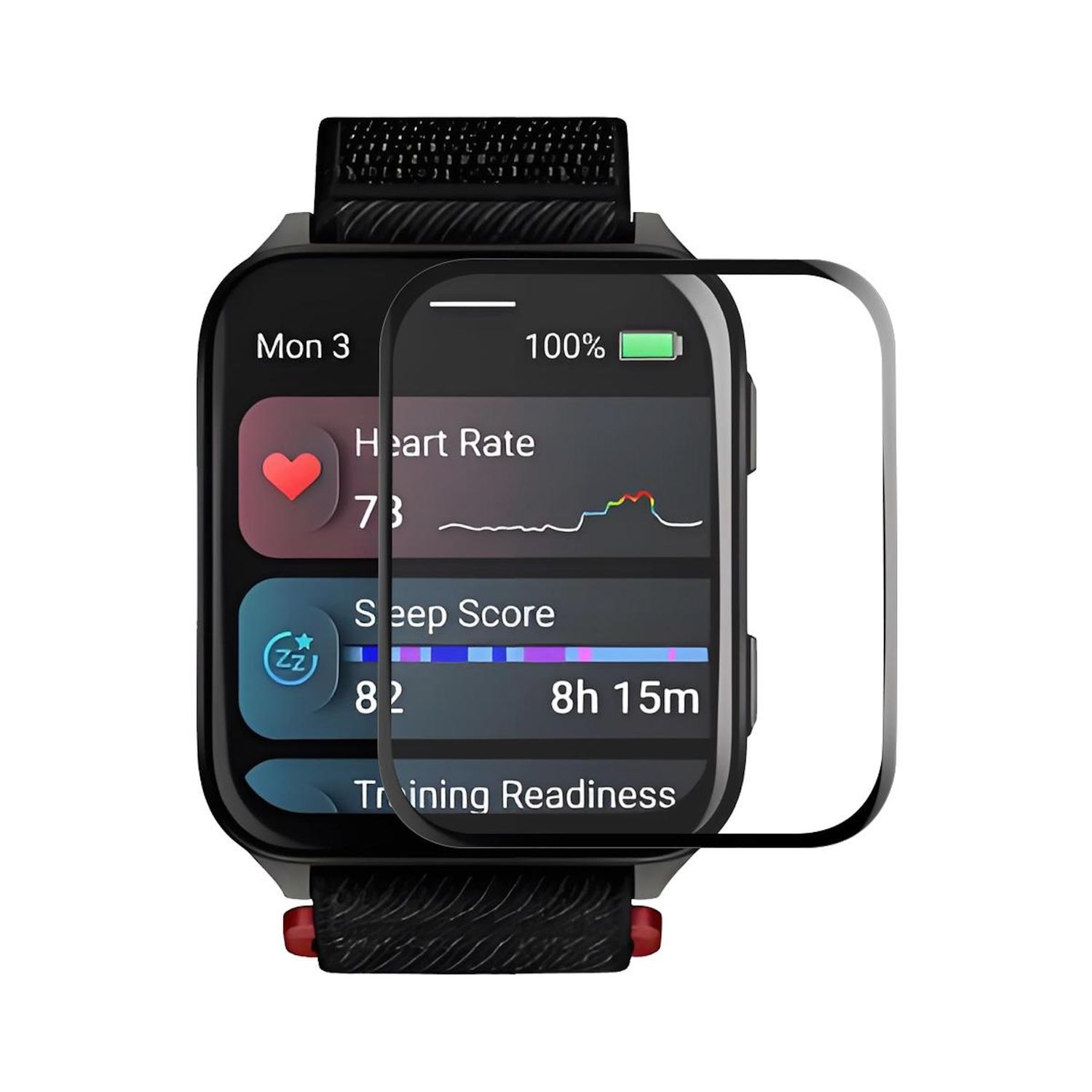 Eine Smartwatch zeigt Herzfrequenz, Schlaf-Score und Trainingsbereitschaft an. Ein Displayschutz ist auf der Uhr angebracht. Der Hintergrund ist weiß.
