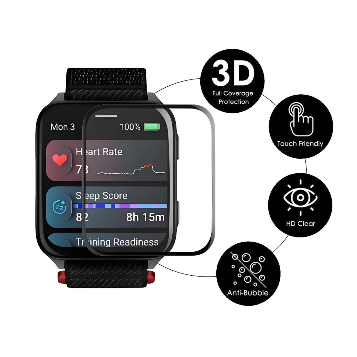 Eine Smartwatch zeigt Gesundheitsdaten an. Symbole zeigen Herzfrequenz, Schlafwert und Akkulaufzeit. Schutzfolie und 3D, touchfreundliche Icons sind sichtbar.