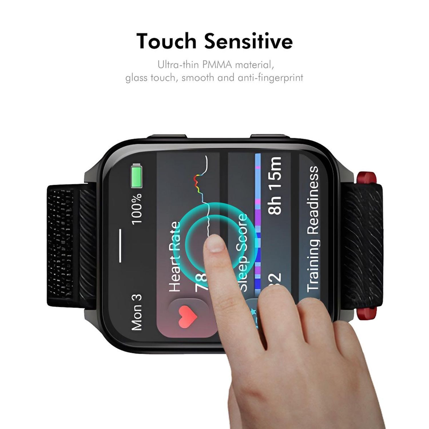 Eine Hand berührt den Bildschirm einer Smartwatch, die Herzfrequenz, Schlafwert und Trainingsbereitschaft anzeigt. Die Uhr ist schwarz mit einem schwarzen Armband.
