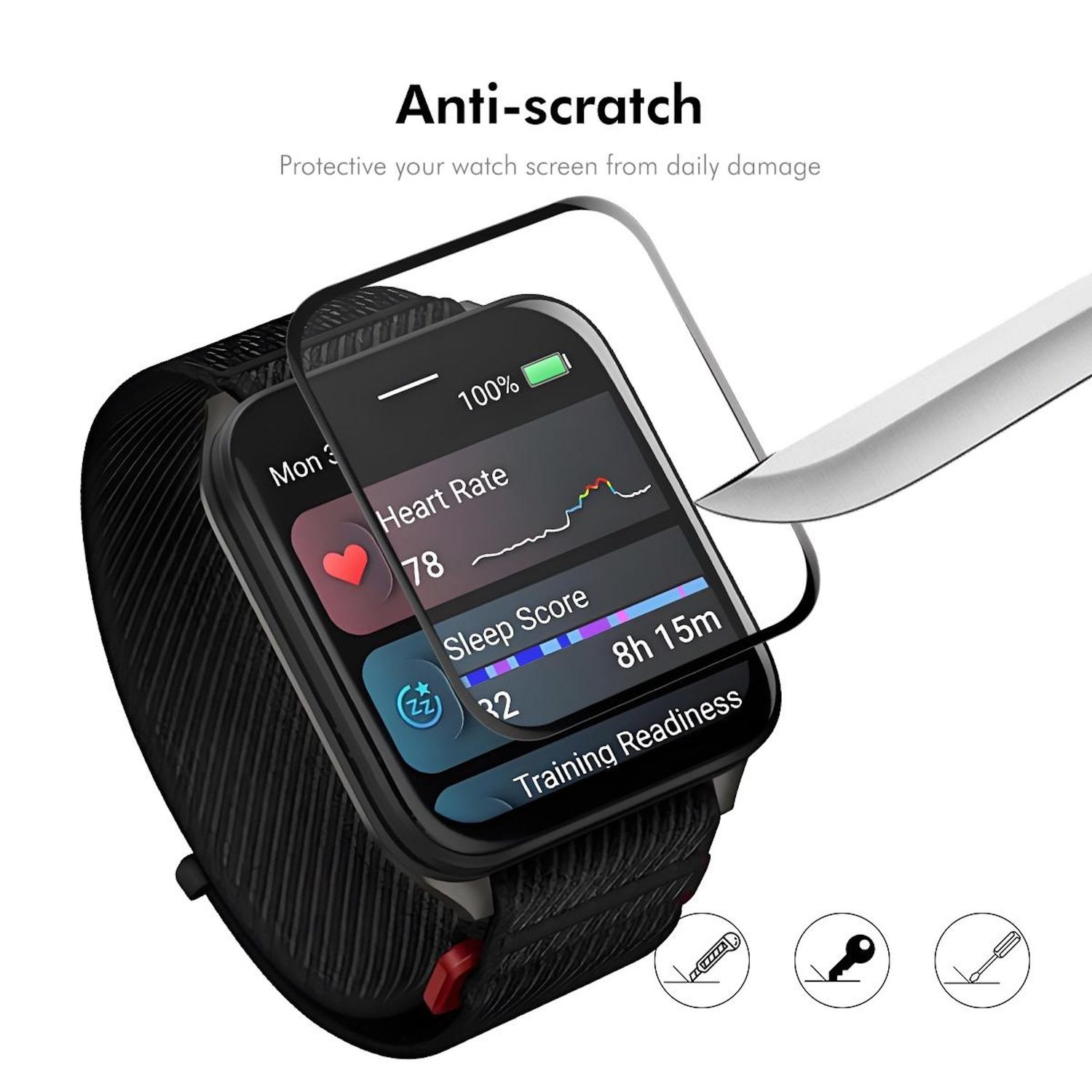 Smartwatch mit Displayschutz. Zeigt Herzfrequenz, Schlafwert und Trainingsbereitschaft. Text: 'Anti-Kratz'.