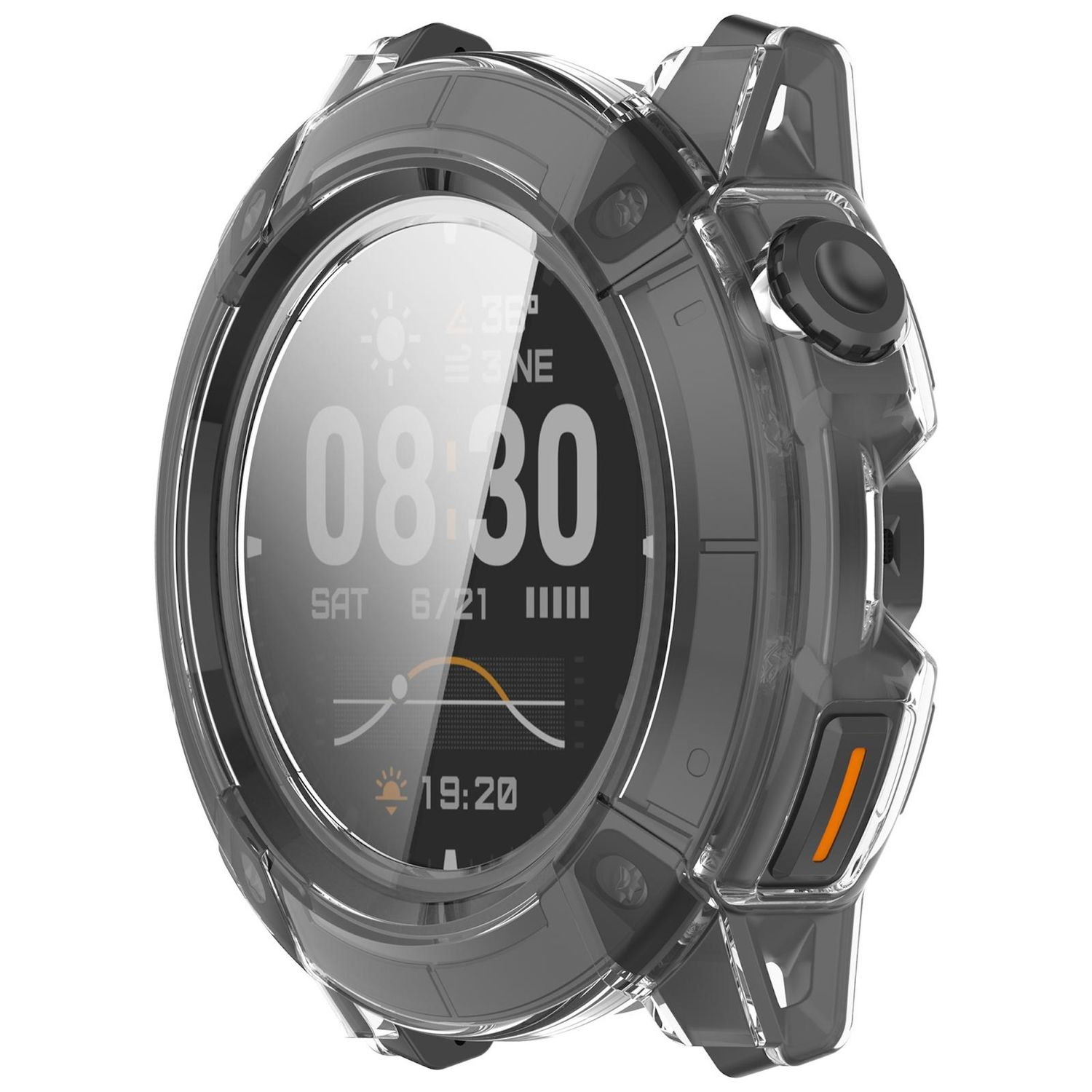 Uno smartwatch grigio mostra ora, data e meteo. Ha una custodia protettiva trasparente e dettagli arancioni sul lato.