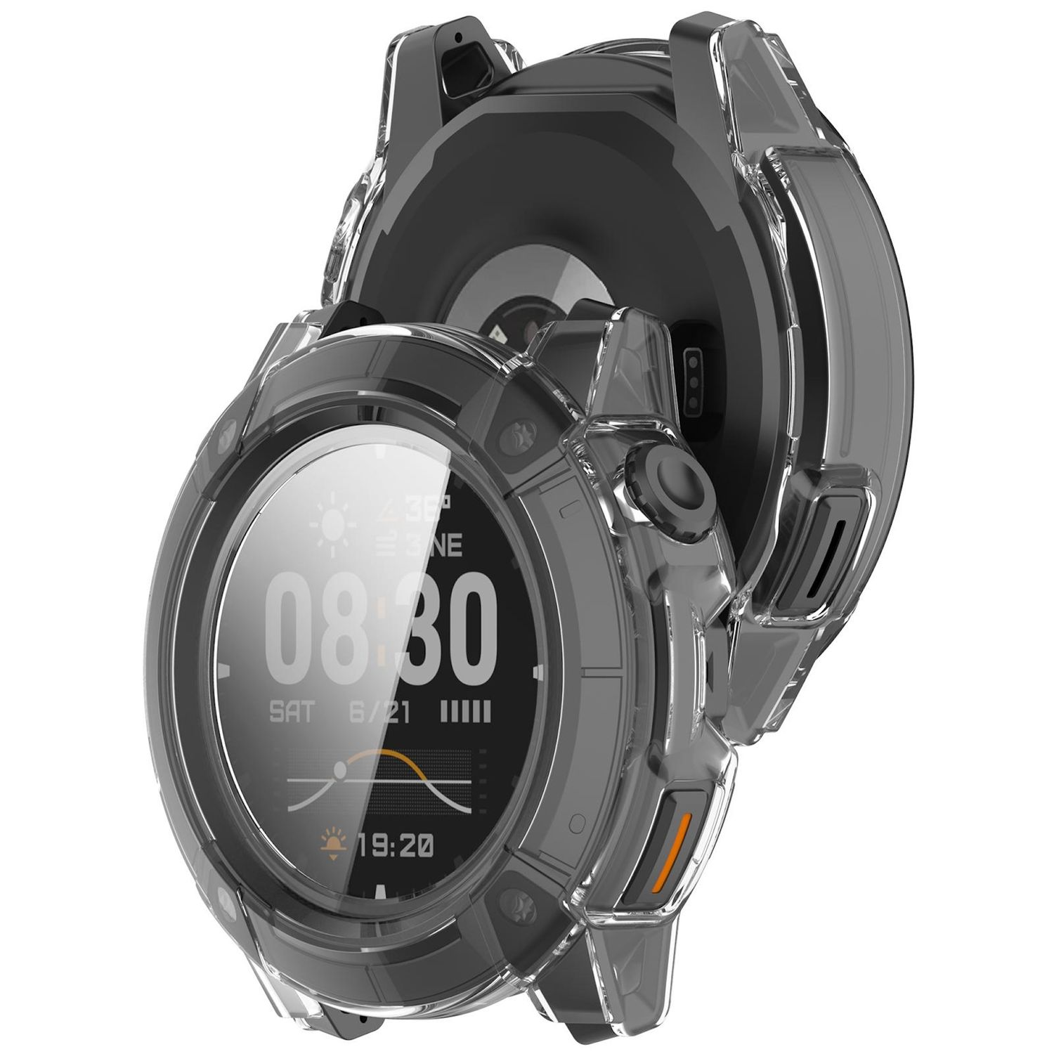 Smartwatch con custodia protettiva trasparente. Lo schermo mostra l'ora: 08:30, la data: Sab 21/6 e altri dati, tra cui 19:20.