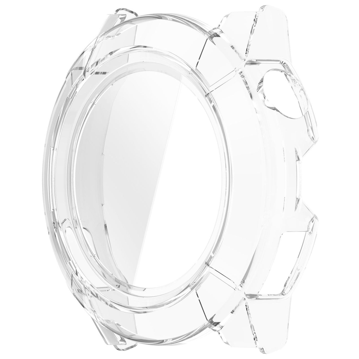 Un proteggi cassa per orologio trasparente. Ha una forma circolare con bordi angolari e un aspetto chiaro e trasparente.