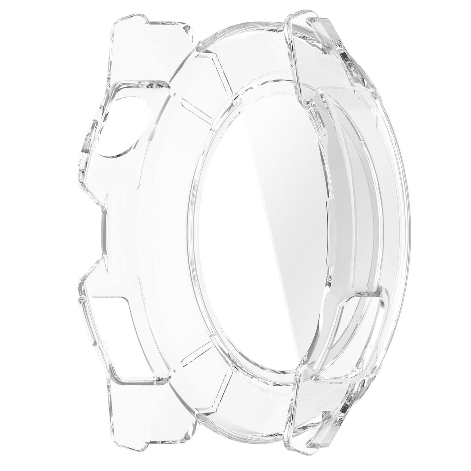Una copertura per orologio in plastica trasparente e trasparente. Ha una forma circolare con un bordo protettivo e elementi laterali. Lo sfondo è bianco.