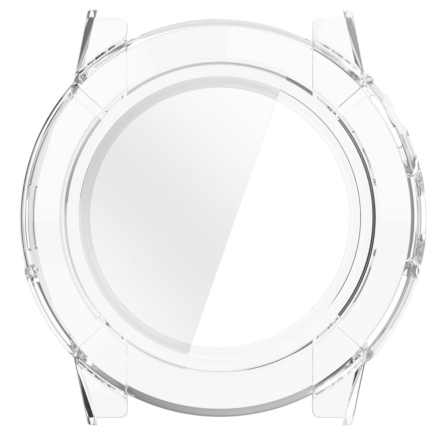 Custodia trasparente per orologio, plastica trasparente. Forma rotonda, con protezioni laterali e schermo trasparente, isolata su sfondo bianco.