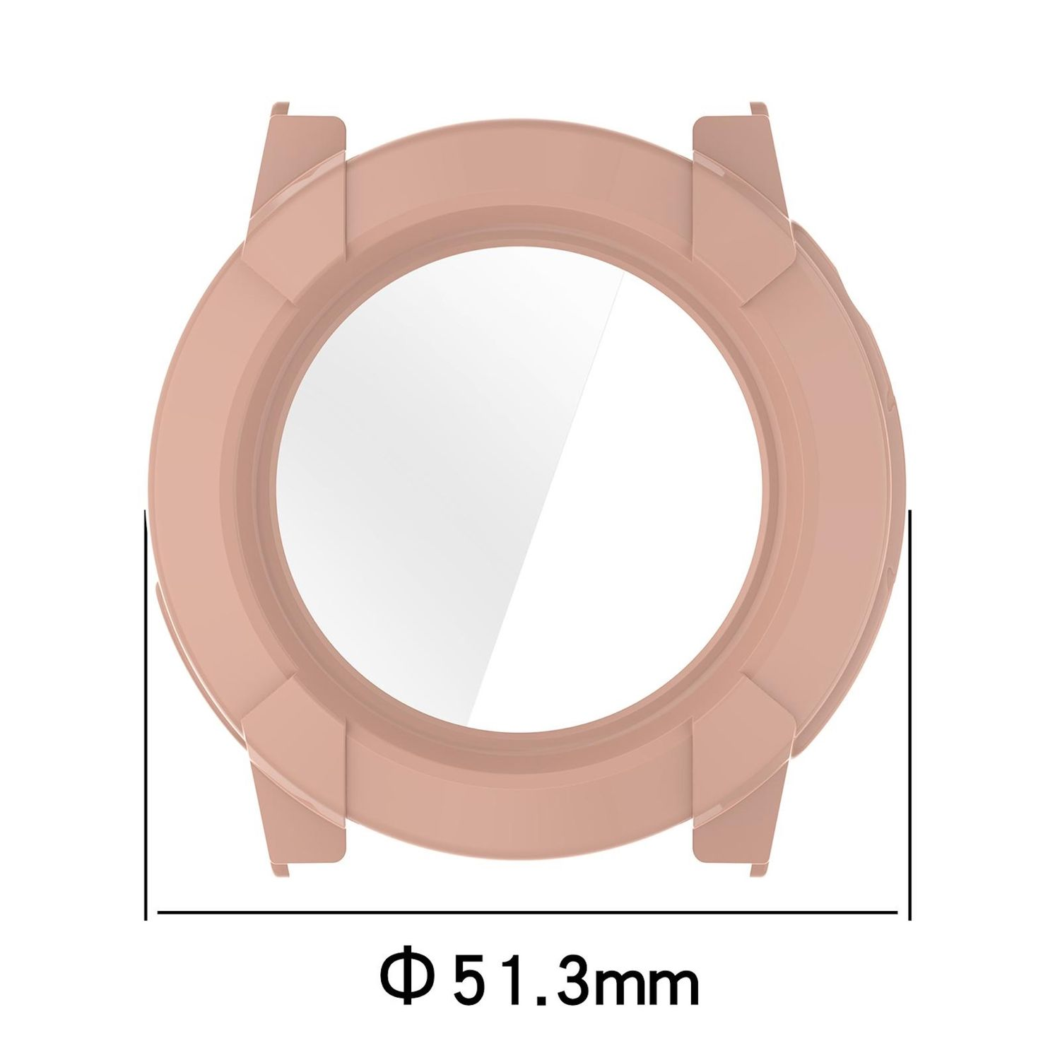 Una lunetta per orologio color rosa con un centro trasparente e un diametro di 51,3 mm è mostrata.