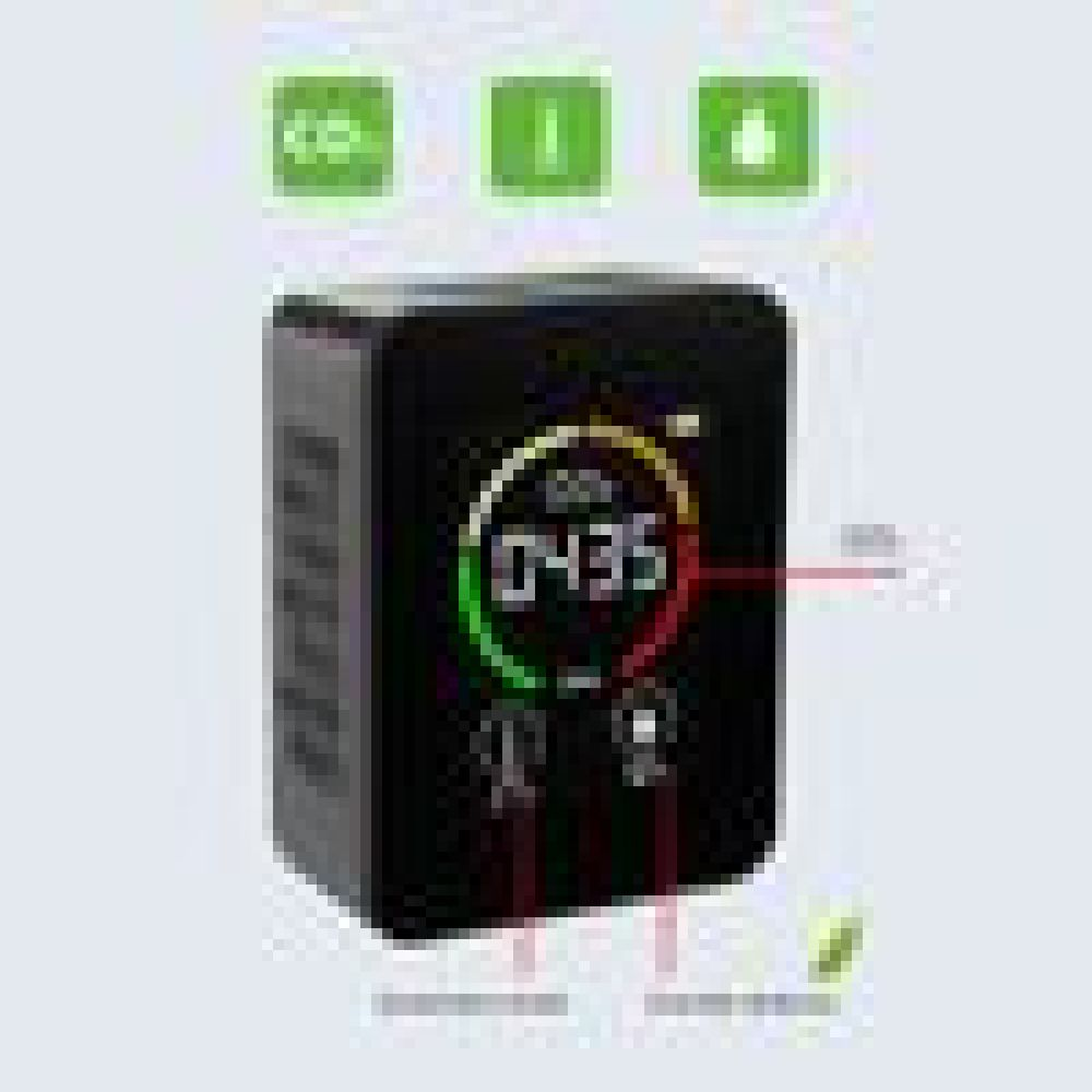 Schwarzer Würfel-Timer mit Digitalanzeige 04:36. Grüne, gelbe und rote Akzente. Drei grüne Symbole oben.