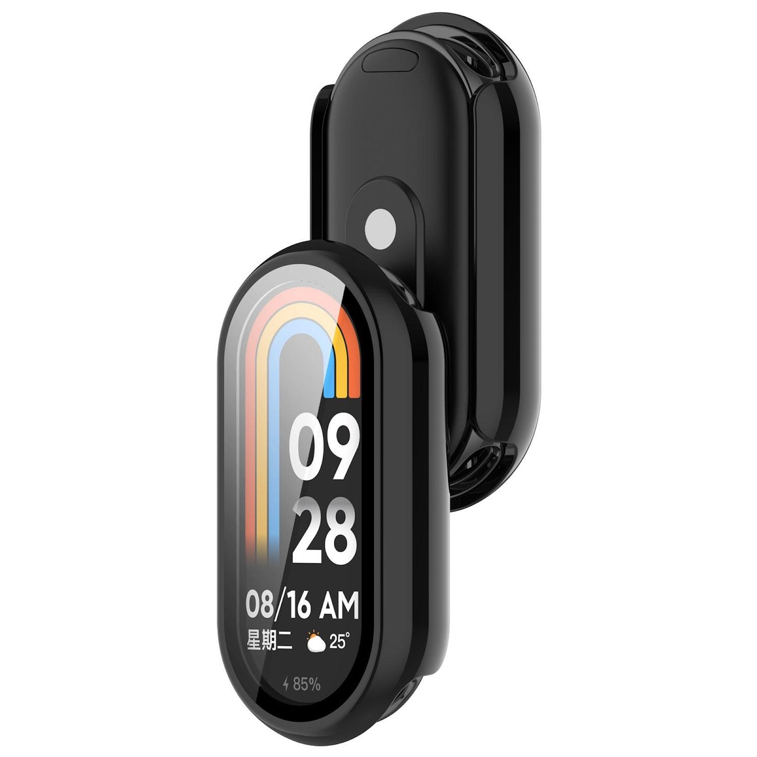 Fitness tracker nero che mostra data e ora sullo schermo. Un'altra parte è dietro. 85% batteria, 25 gradi e il giorno è martedì.