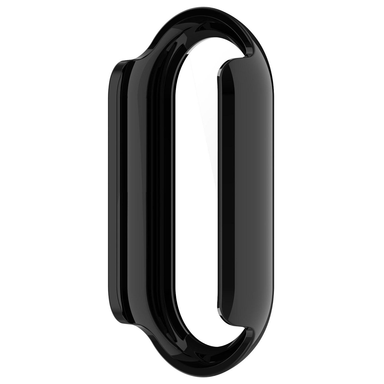 Un oggetto nero lucido con forma curva e vuoto bianco centrale, su sfondo bianco.