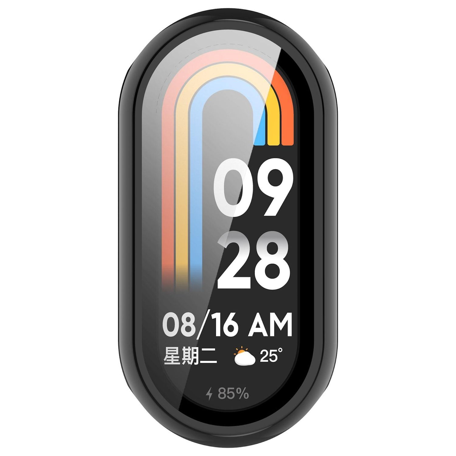 Uno smartwatch che mostra data, ora e meteo. Mostra '09:28' e '08/16 AM'. La batteria è all'85% e la temperatura è di 25°.