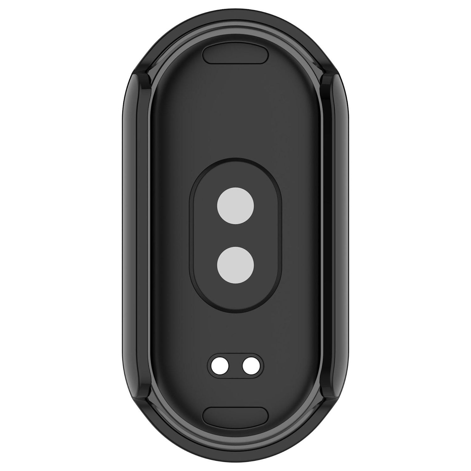 Un dispositivo nero di forma ovale con due punti bianchi e un piccolo punto bianco. Il dispositivo ha un telaio curvo.