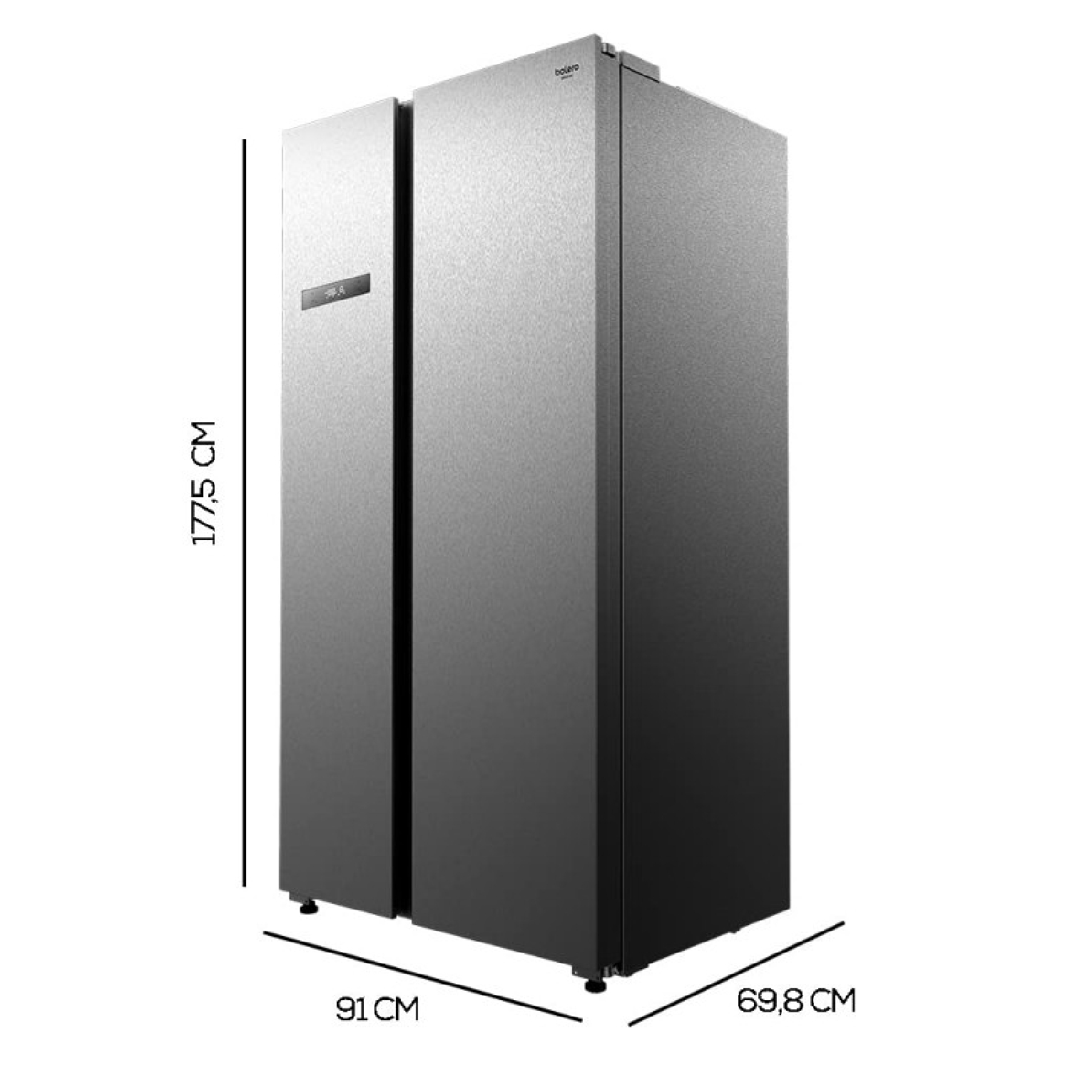 Lodówka typu side-by-side. Jest szara, o wymiarach: 177,5 cm wysokości, 91 cm szerokości i 69,8 cm głębokości. Marka jest widoczna.