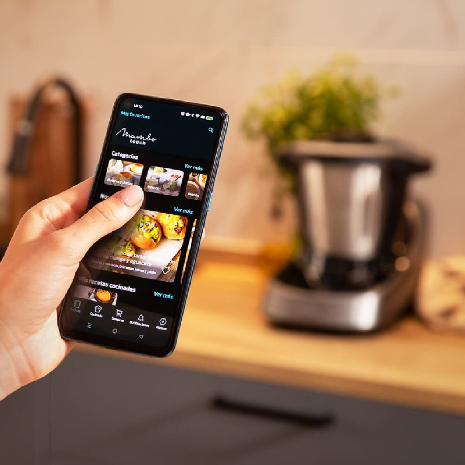 Una mano tiene un telefono che mostra un'app di cucina. Sullo sfondo, un frullatore e una pianta su una superficie di legno.