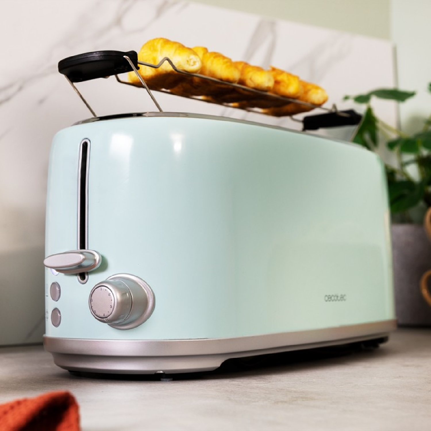 Ein mintgrüner Toaster mit Croissants oben drauf. Er hat silberne Akzente und einen schwarzen Griff. Im Hintergrund ist eine Pflanze.
