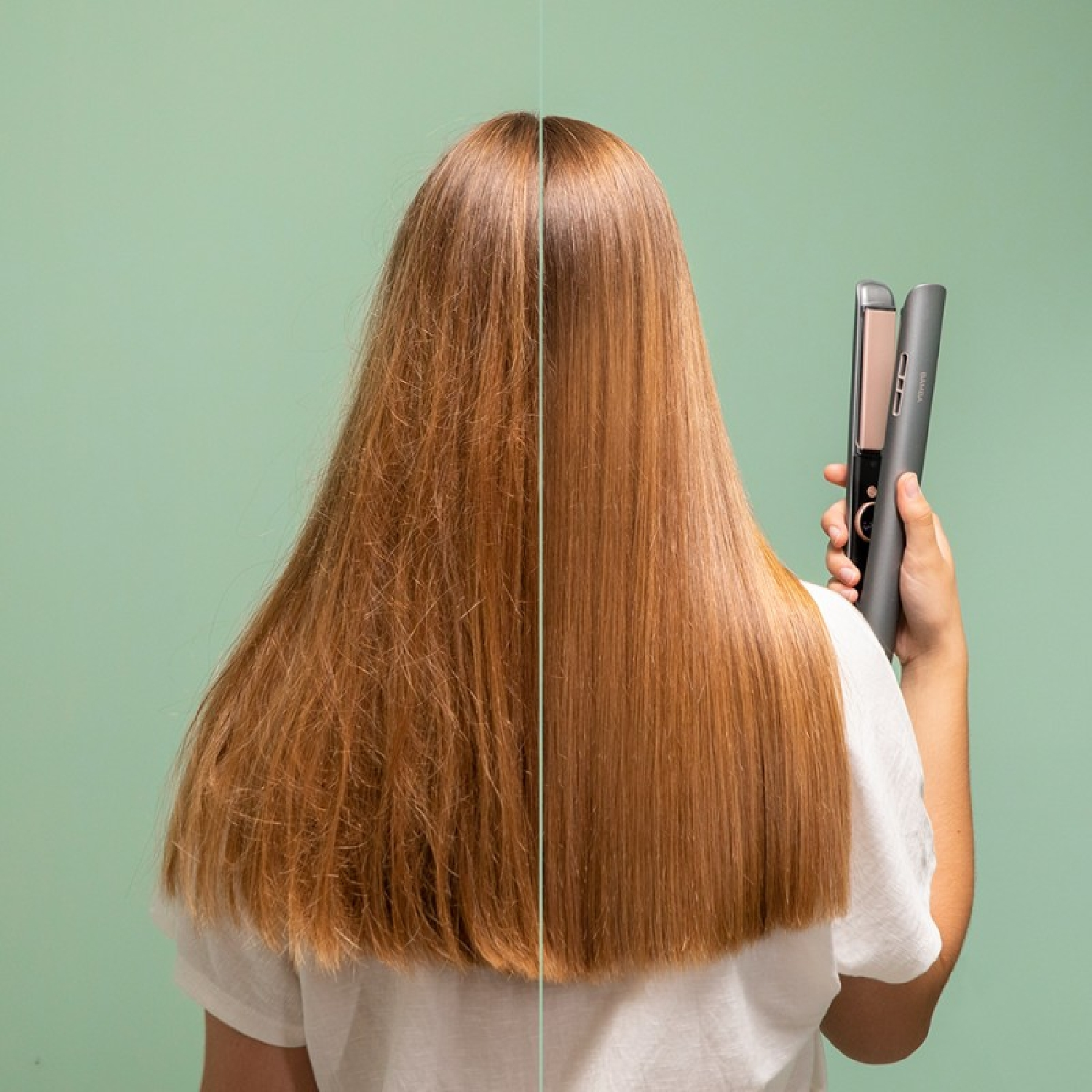 A woman's hair before and after straightening. The left side is frizzy, the right is smooth. She holds a straightener.