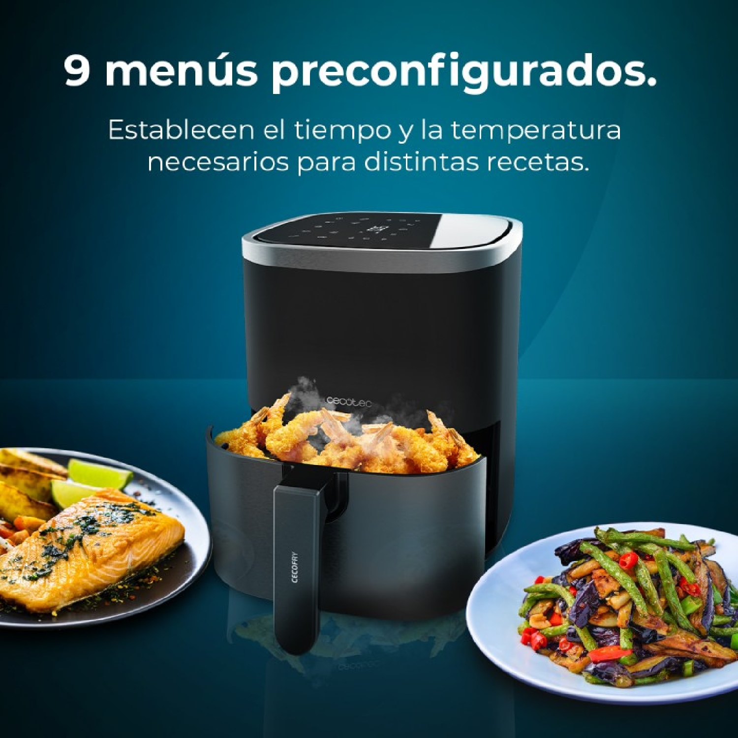 Una freidora de aire con camarones, salmón y verduras. El texto dice '9 menús preconfigurados'.
