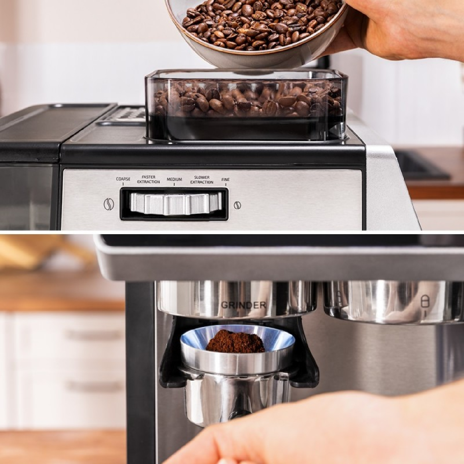 I chicchi di caffè vengono versati in un macinacaffè. Il caffè macinato è in un supporto metallico. Il macinacaffè ha impostazioni per la velocità di estrazione.