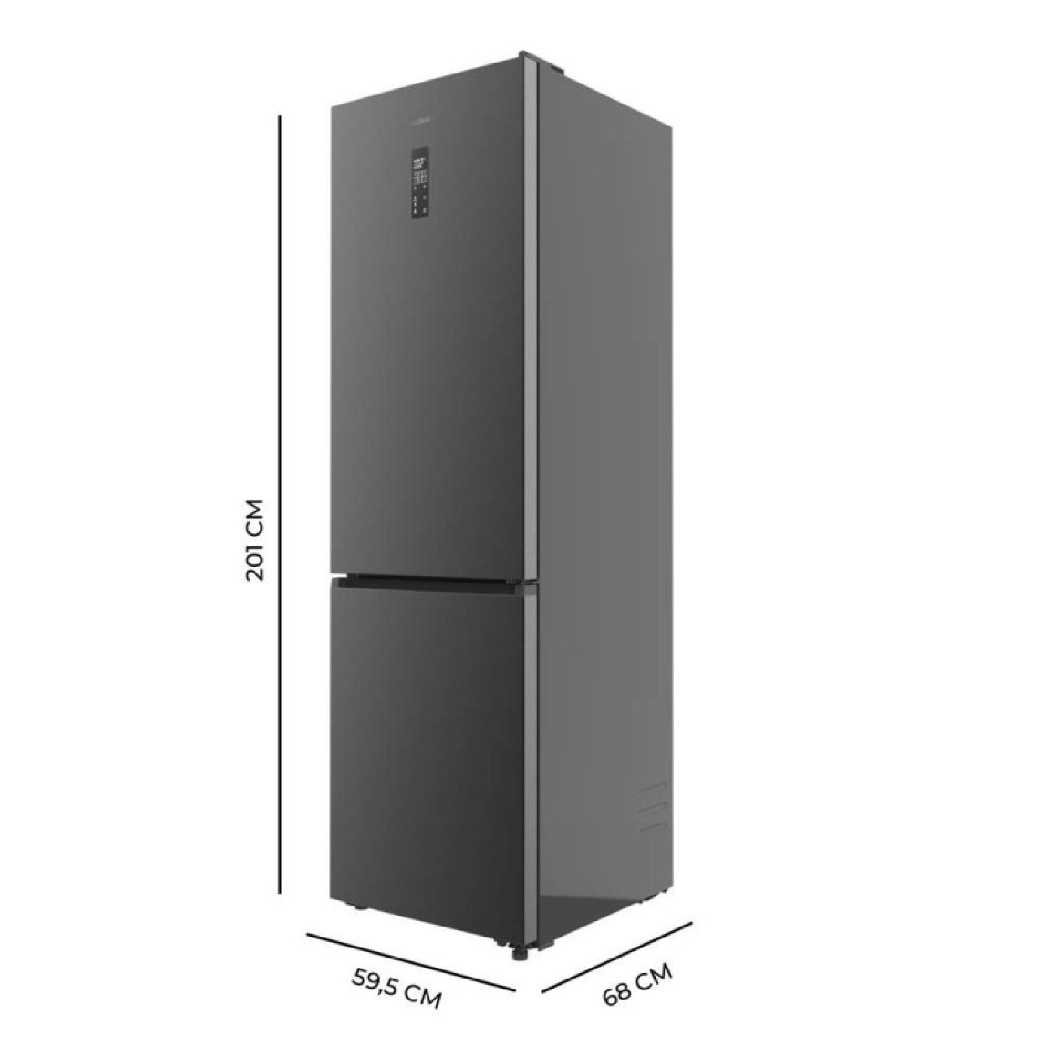 Un frigorifero grigio con due porte è in mostra. Le dimensioni sono indicate: 201 cm di altezza, 59,5 cm di larghezza e 68 cm di profondità.