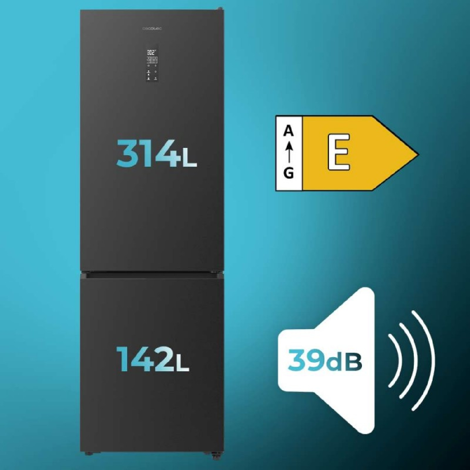 Frigorifero nero con capacità di 314L e 142L, classe energetica E e livello di rumore di 39dB. Sfondo sfumato blu.