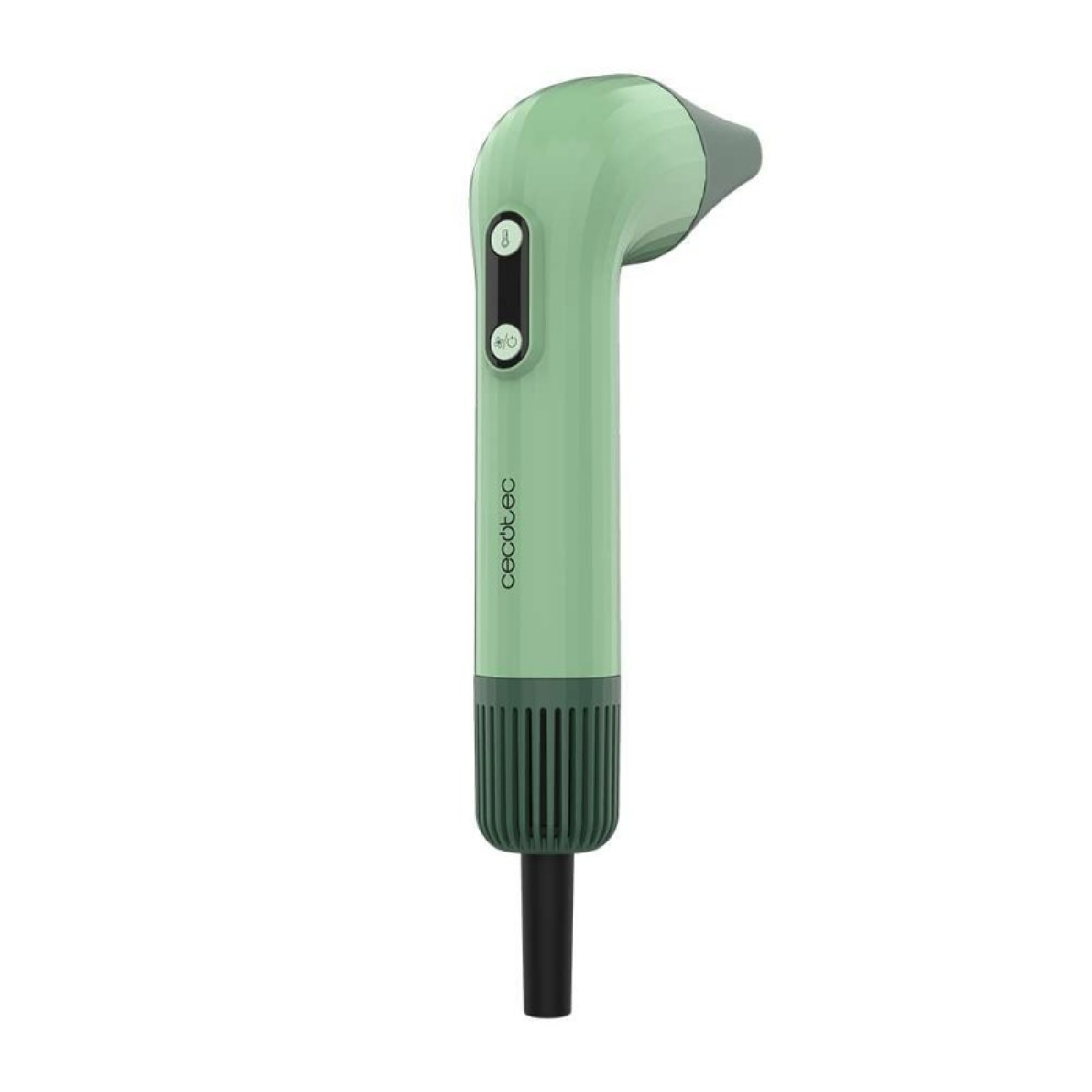 Un pulitore per orecchie verde menta e verde scuro con punta nera. Ha bottoni e il nome del marchio sul corpo, su sfondo bianco.