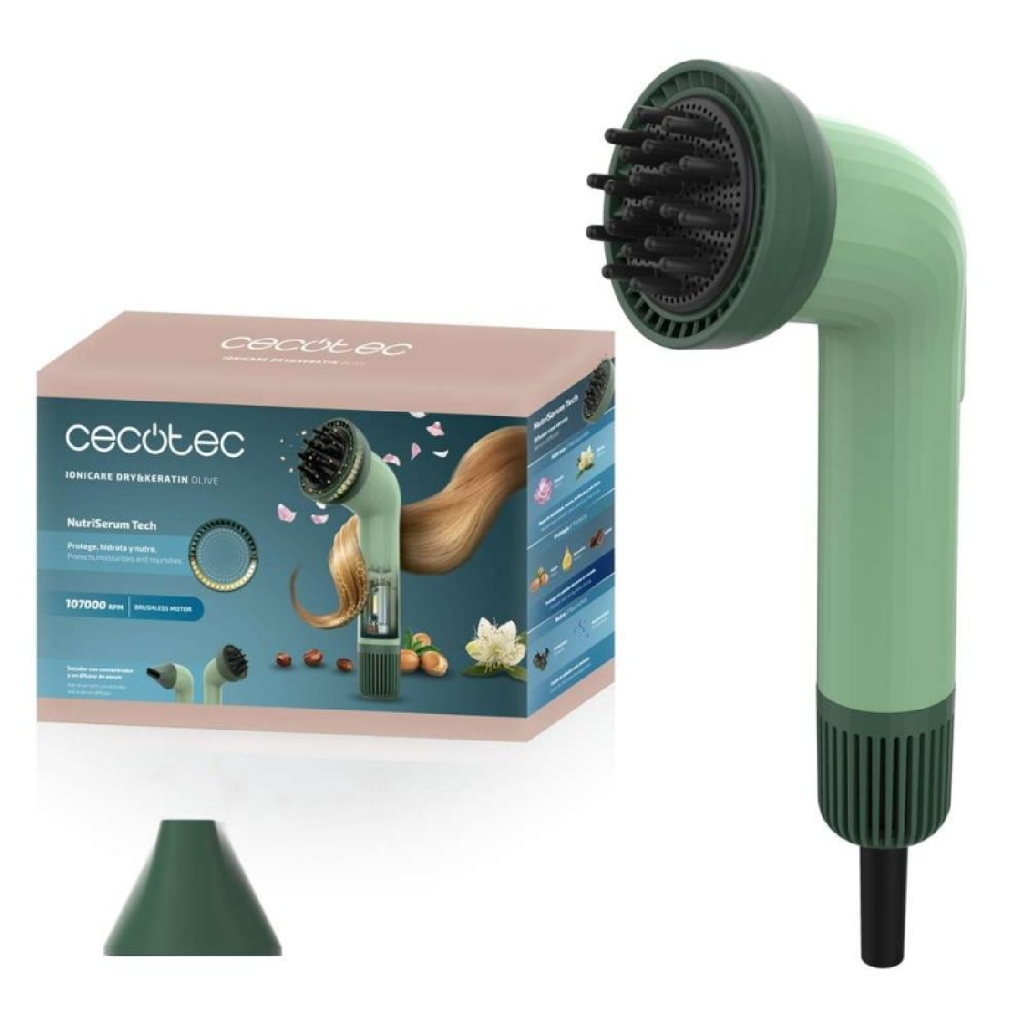 Un asciugacapelli verde con una scatola. La scatola ha il marchio cecotec, con il testo Ionicare Dry & Keratin Olive.