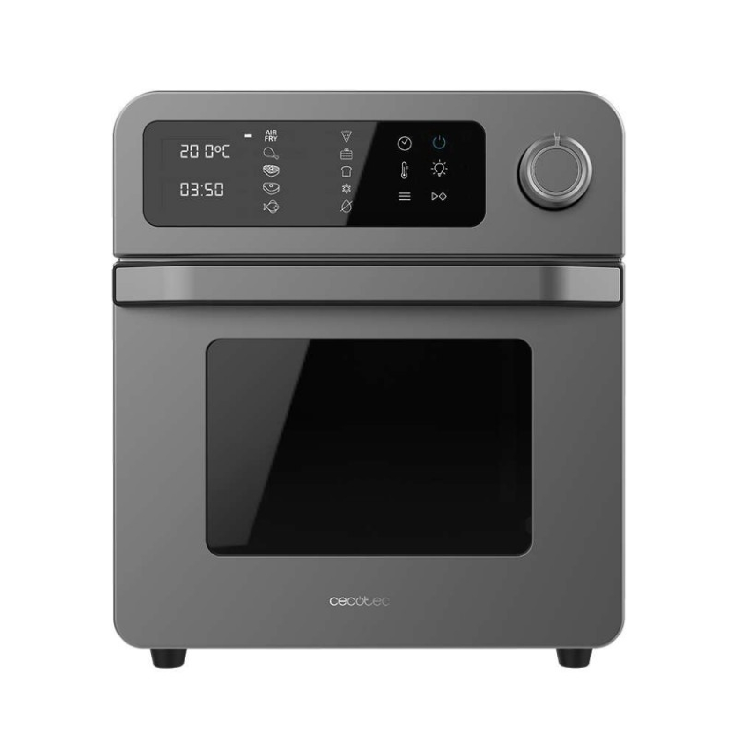 Un horno freidora de aire gris con pantalla digital que muestra la temperatura y el tiempo. Tiene puerta de cristal.