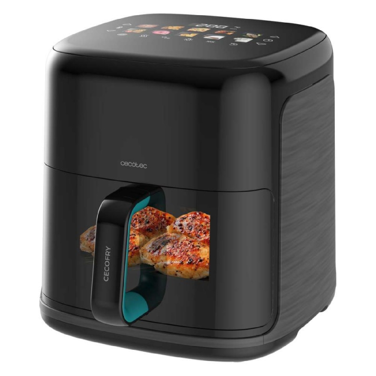 Una friggitrice ad aria Cecotec nera con manico e cibo all'interno. Ha un display digitale e si trova su sfondo bianco.