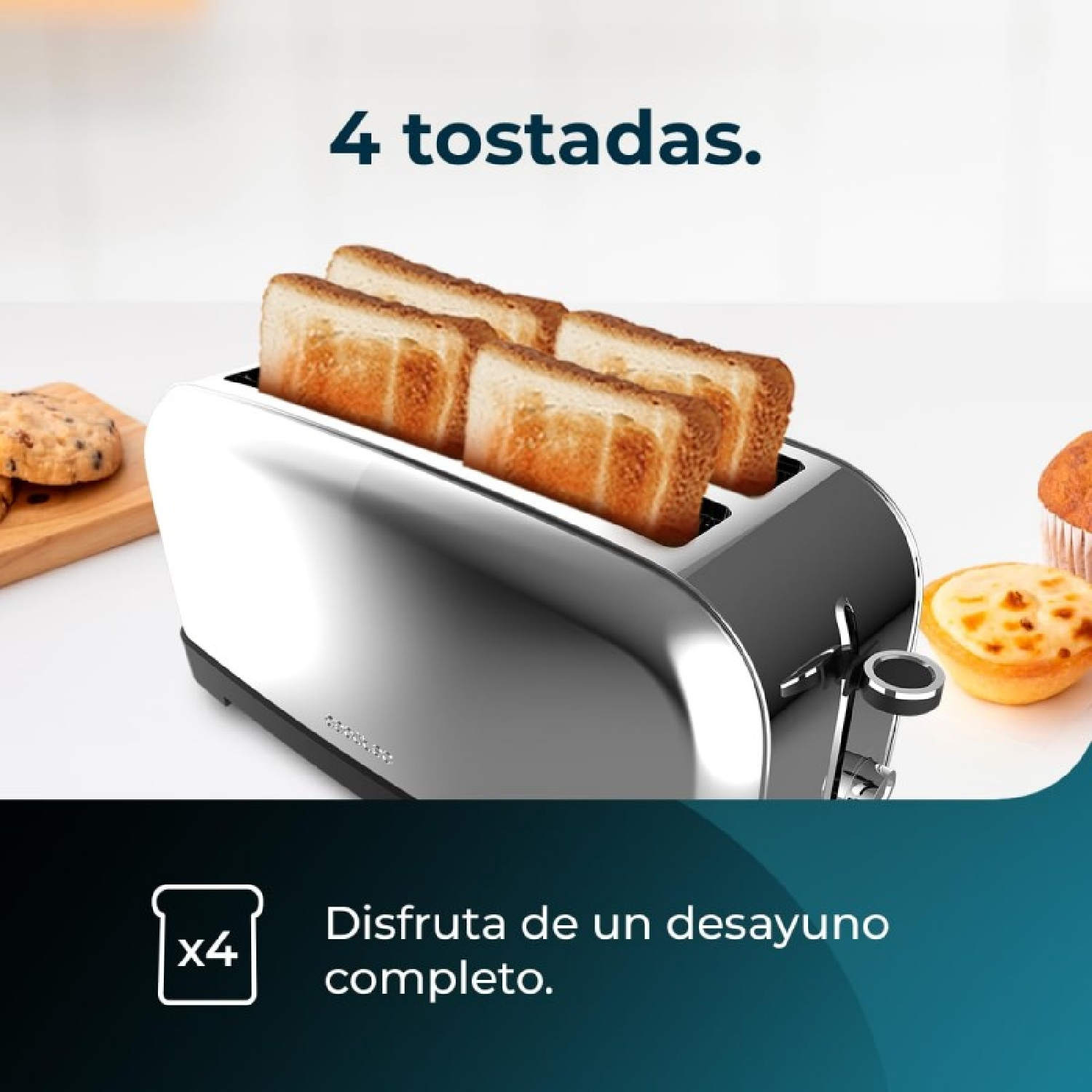 Un tostapane cromato con quattro fette di pane tostato. Biscotti e un muffin sono a lato. Il testo dice '4 fette' e 'Goditi una colazione completa'.