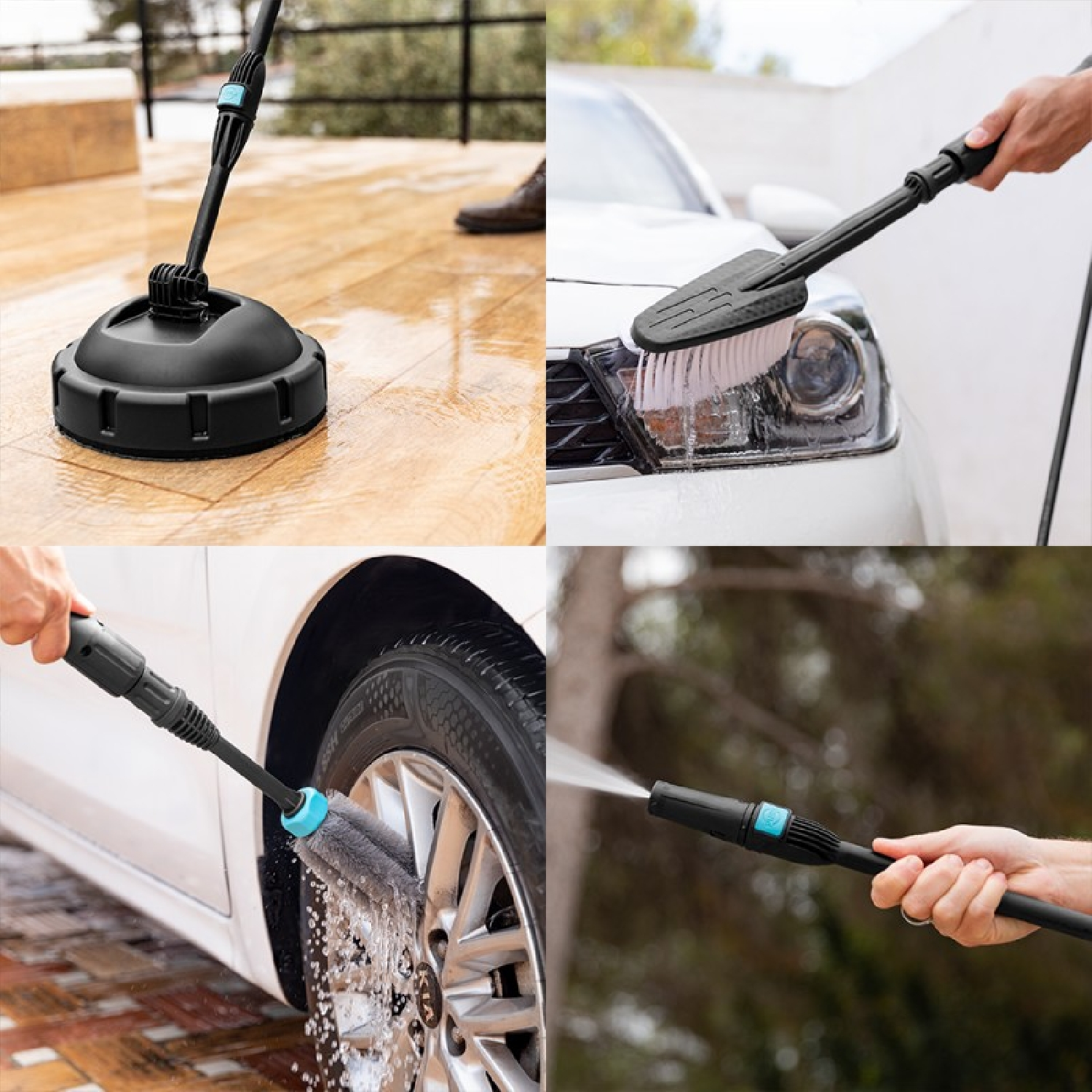 Un'idropulitrice viene utilizzata per pulire un ponte di legno, un faro di un'auto, uno pneumatico di un'auto e per spruzzare acqua.