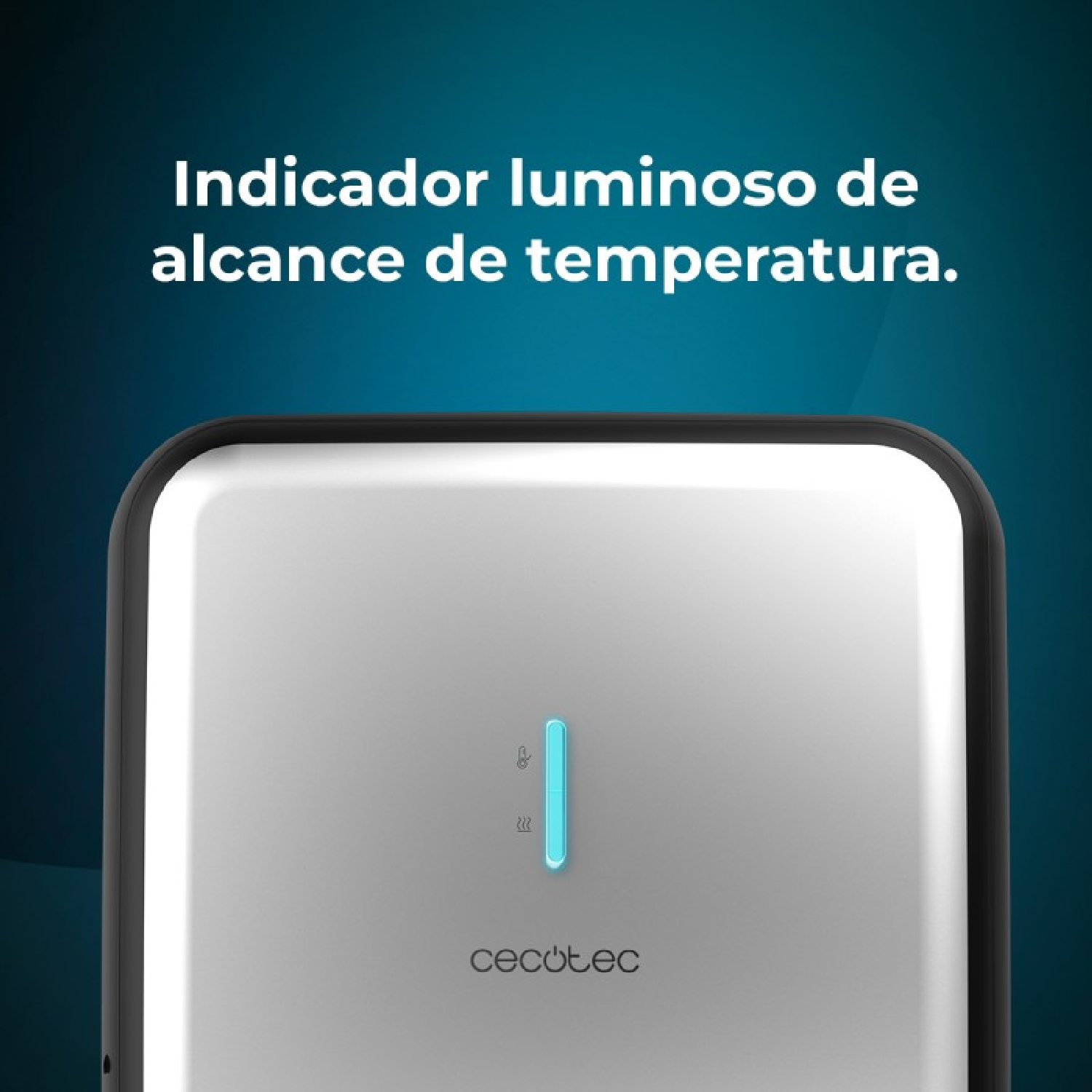 Primo piano di un dispositivo bianco con indicatore luminoso blu. Testo in alto: 'Indicatore intervallo temperatura'. Logo Cecotec in basso.