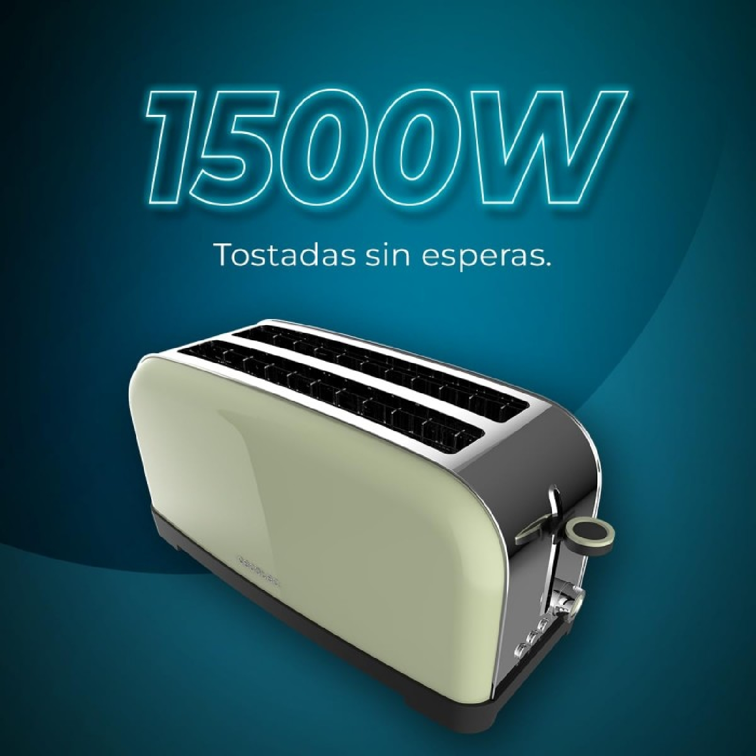 Un tostapane verde con dettagli argentati su sfondo blu sfumato. Testo: 1500W e 'Toast senza attese'.