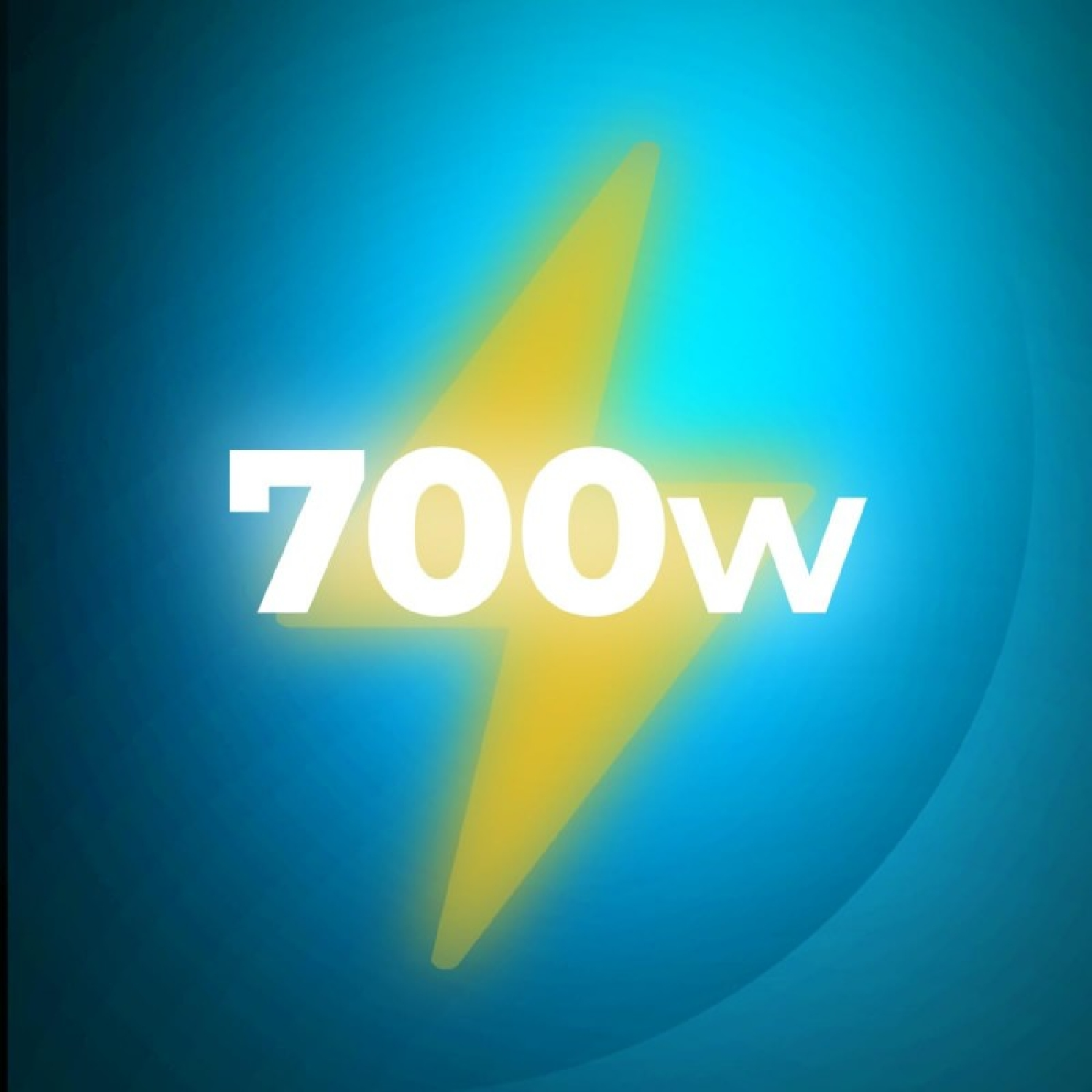 Niebieskie tło z żółtą błyskawicą. Biały tekst "700w" jest wyśrodkowany na błyskawicy.