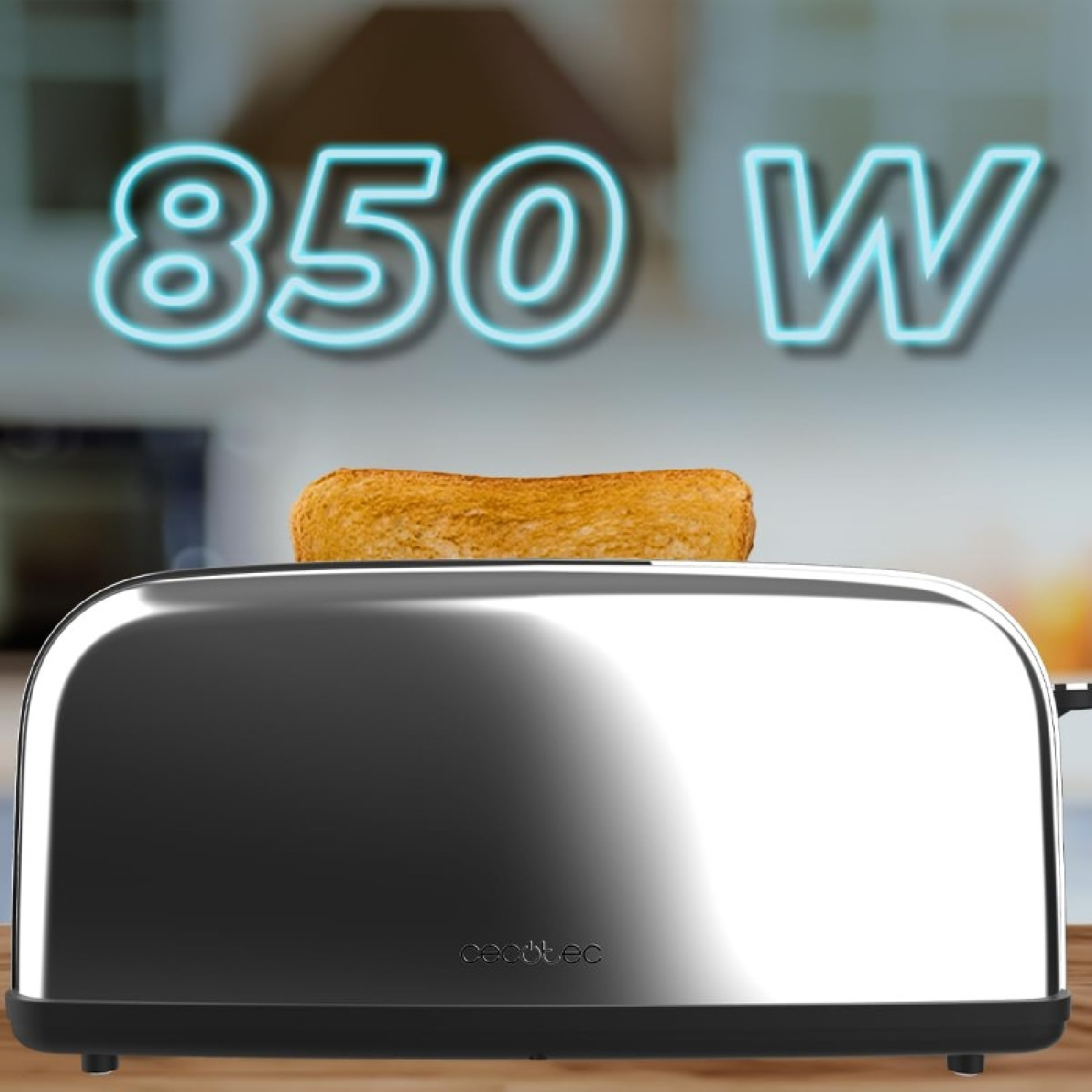 Una tostadora cromada con una rebanada de pan tostado encima. Arriba, el texto '850 W' en neón azul.
