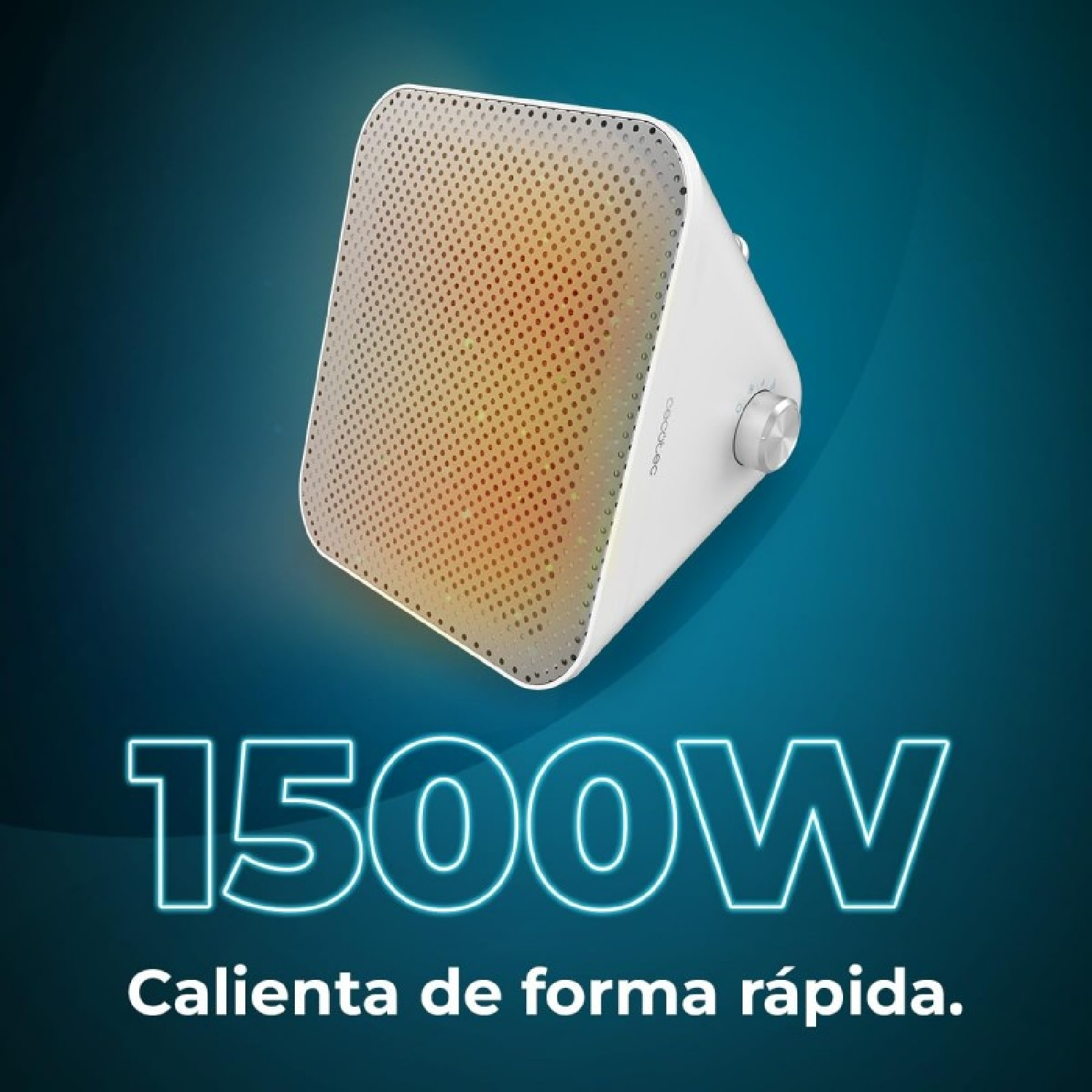 Un termoventilatore elettrico bianco con frontale forato su sfondo blu sfumato. Testo: '1500W' e 'Calienta de forma rápida'.