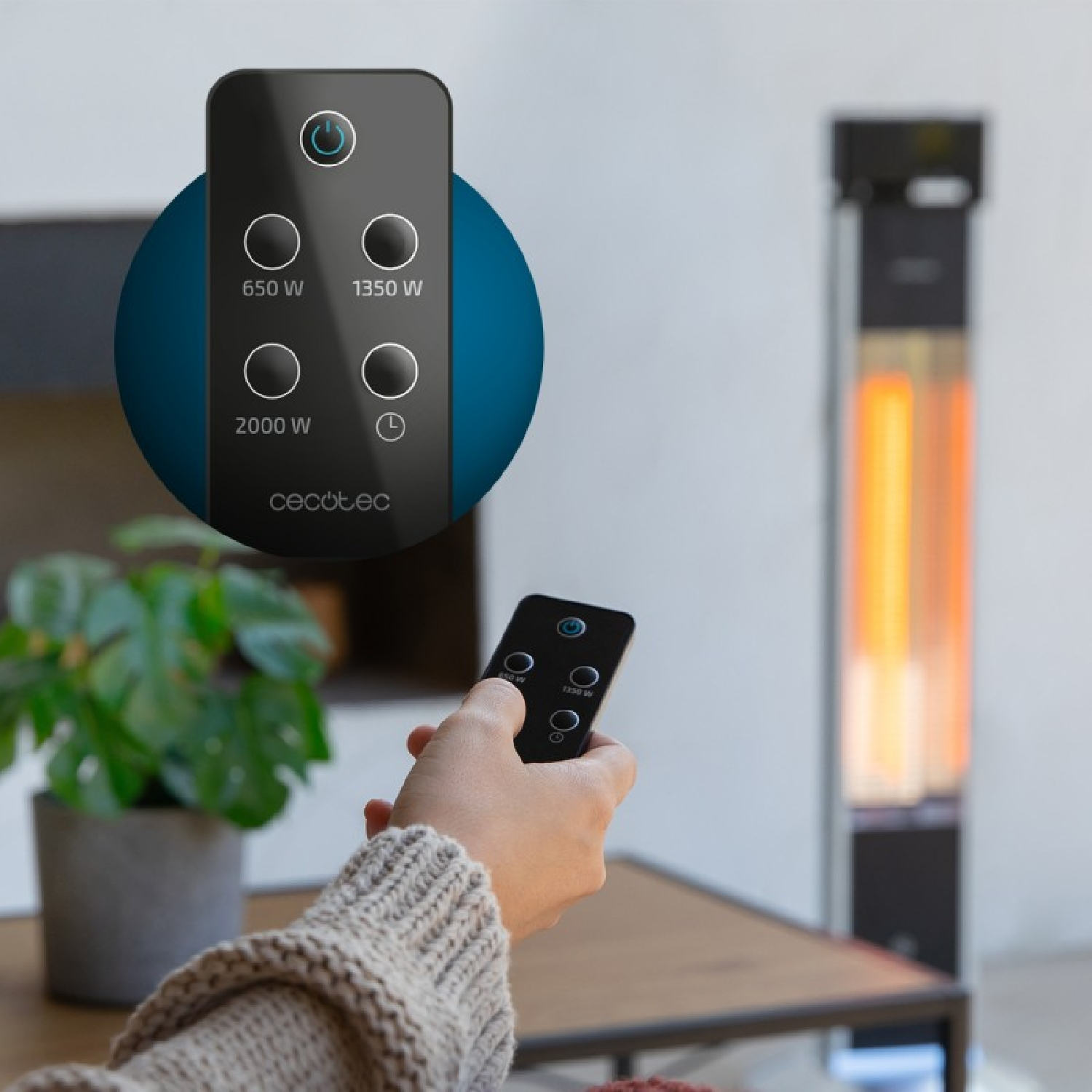 Una mano che tiene un telecomando che punta verso un riscaldatore elettrico. Il telecomando ha impostazioni di alimentazione e calore. Una pianta a sinistra.