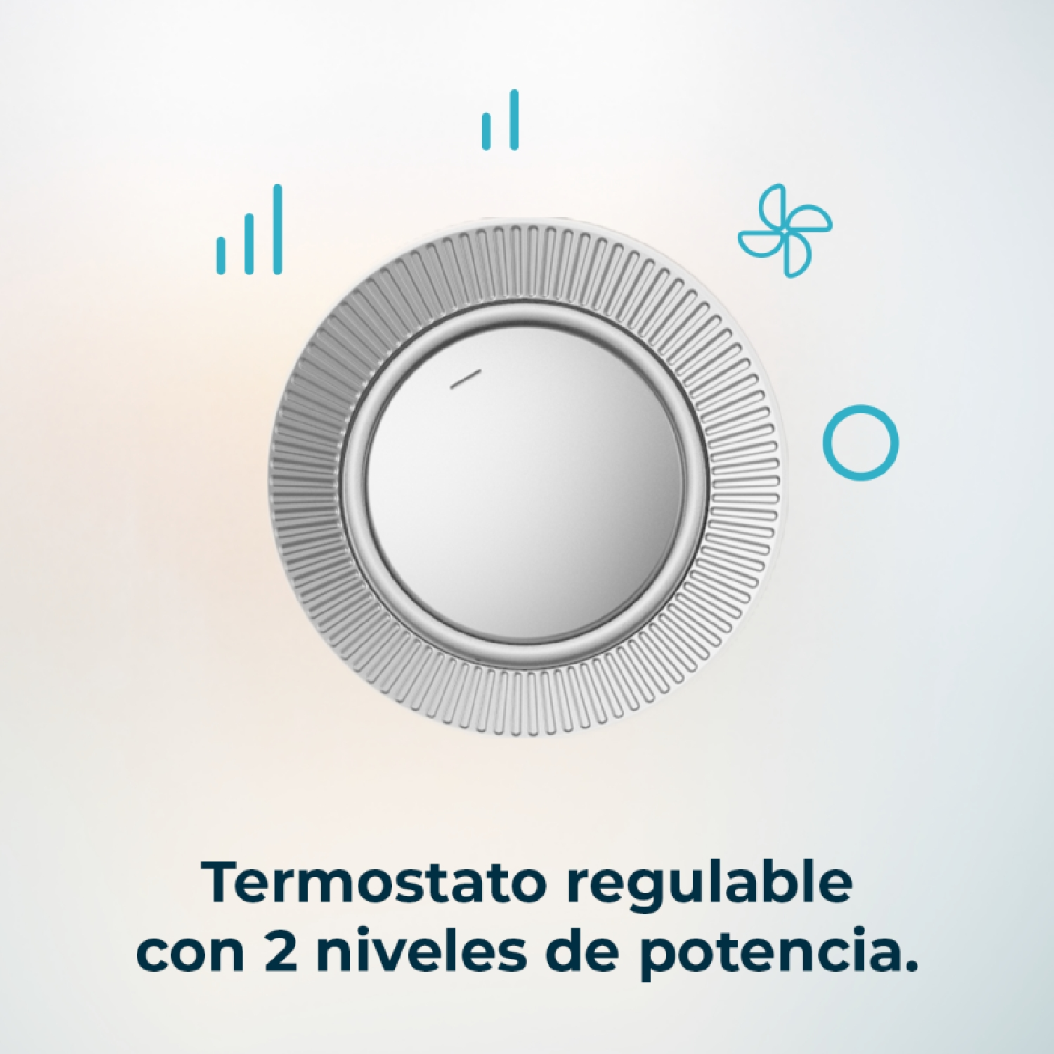 Un quadrante del termostato con un pulsante centrale e un anello circostante. Linee e icone blu indicano le impostazioni. Il testo dice 'Termostato regolabile'.