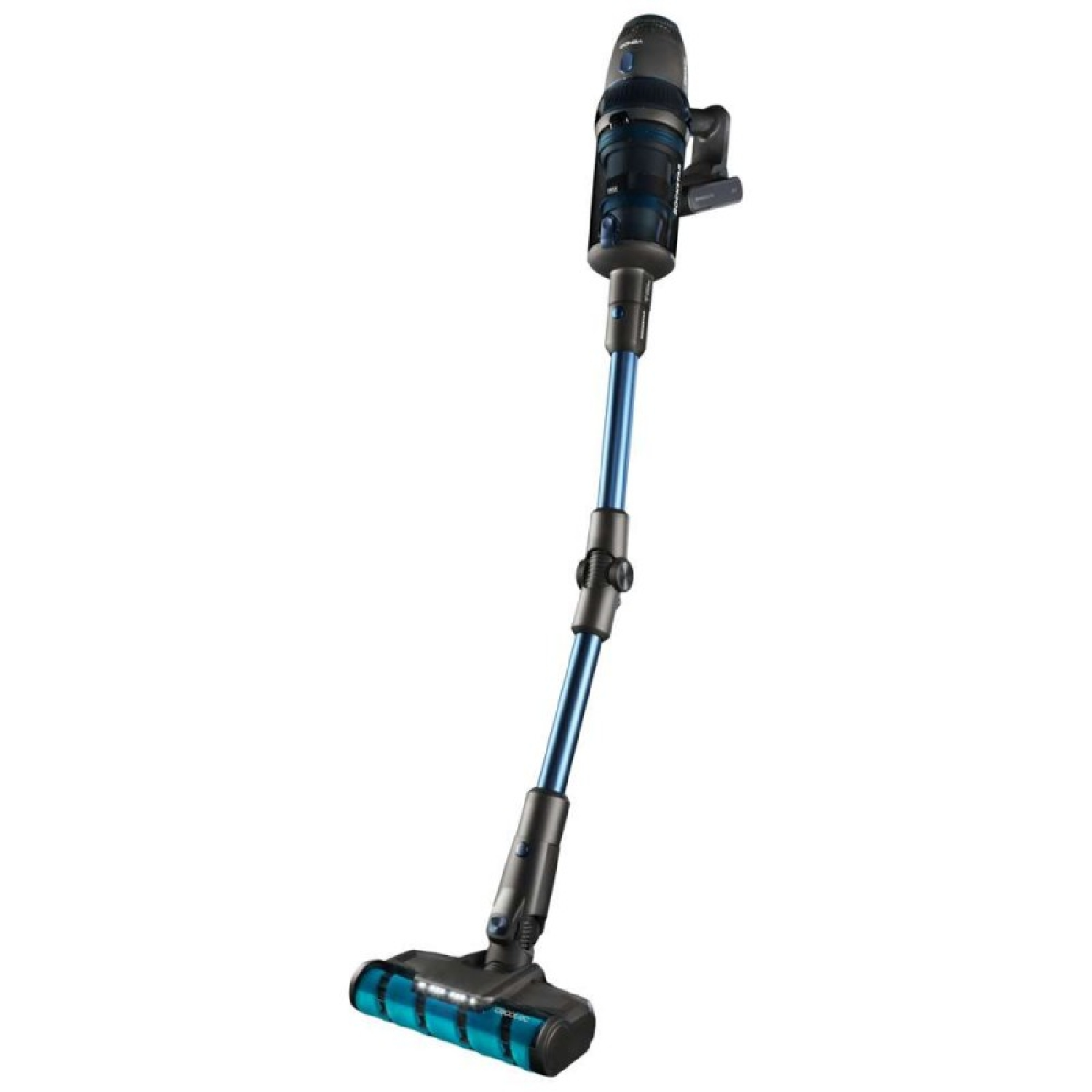 Un aspirapolvere senza fili con un design blu e nero. È in piedi su uno sfondo bianco.