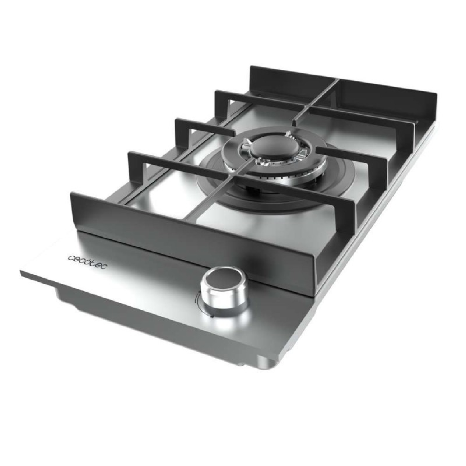 Una placa de gas de acero inoxidable con una rejilla de quemador negra y un mando en la parte frontal, la marca es Cecotec.