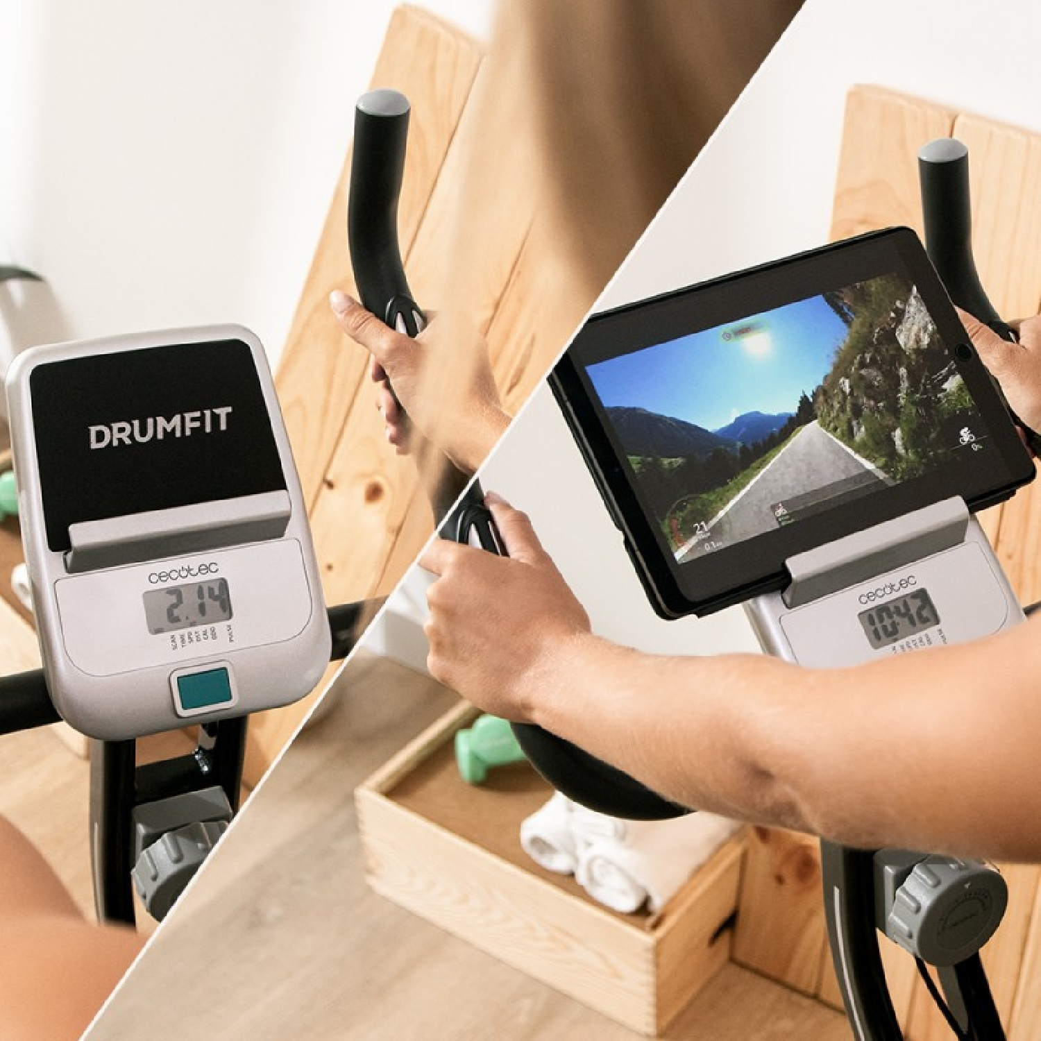 Una persona usa una bicicleta estática Drumfit, sujetando el manillar. La bicicleta tiene una pantalla digital y un iPad que muestra una simulación de ciclismo.