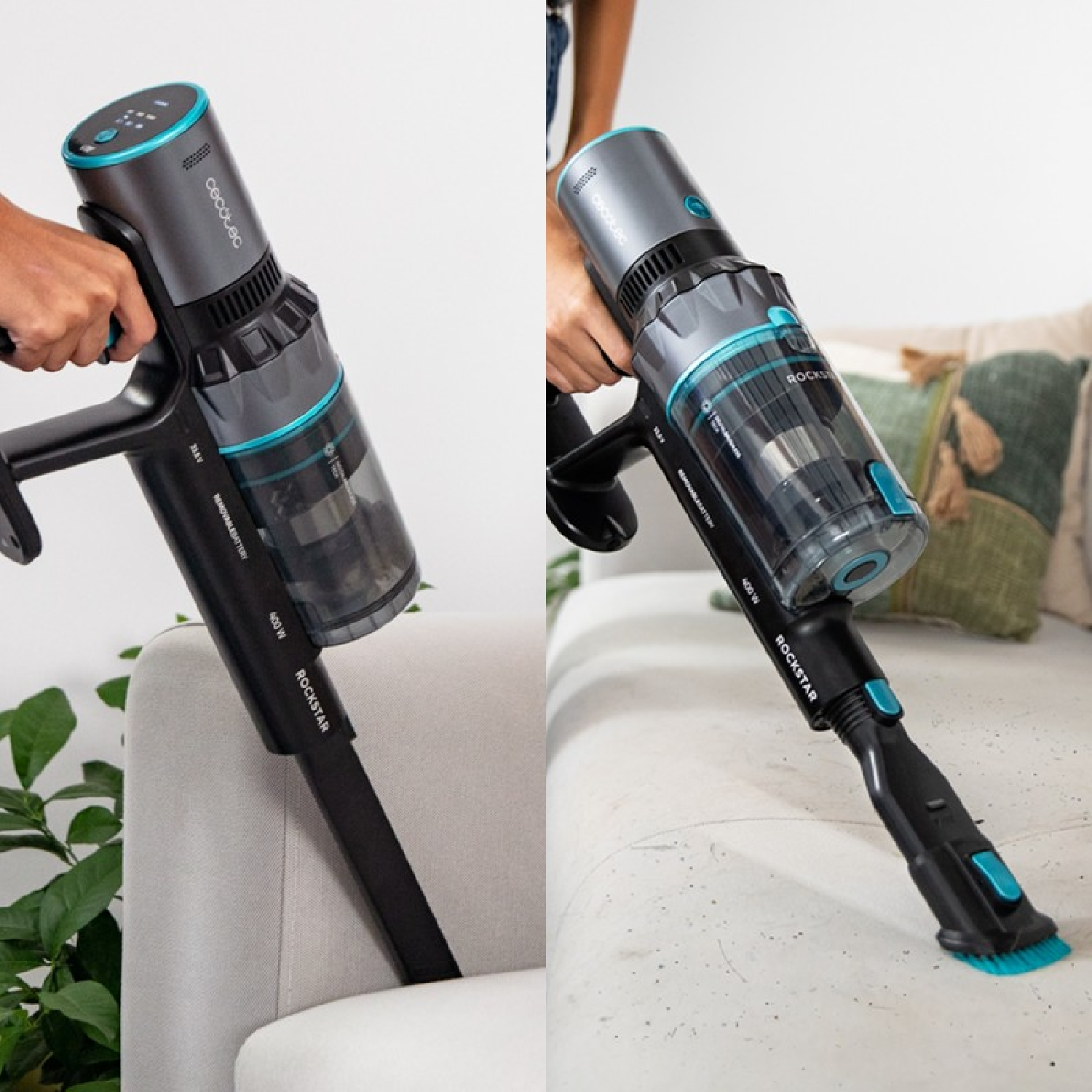 Una persona usa un aspirapolvere Cecotec Rockstar grigio e nero su un divano. L'aspirapolvere pulisce lo sporco dalla superficie.
