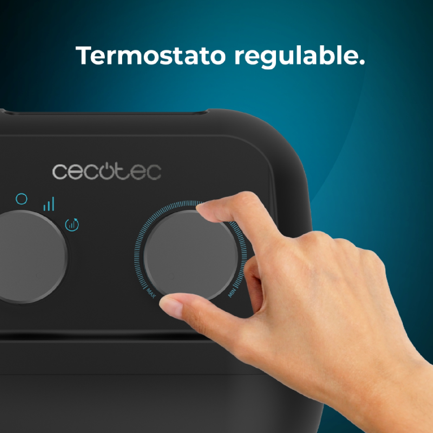 Una mano regola una manopola nera del termostato su un apparecchio nero. Il testo 'Termostato regulable' è sopra.