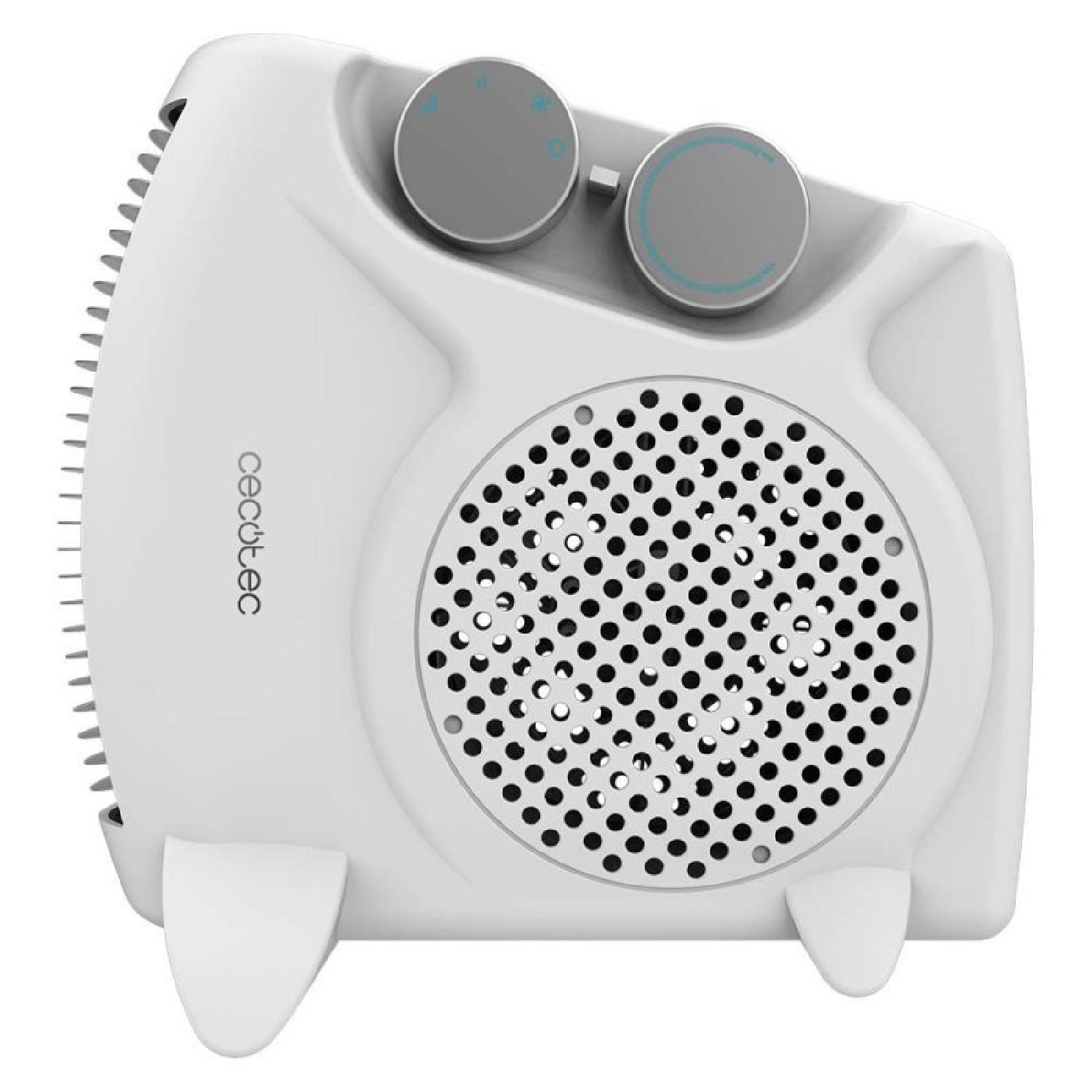 Un termoventilatore elettrico bianco con due manopole grigie sopra. Ha una griglia rotonda con molti fori e il marchio 'cecotec' sul lato.