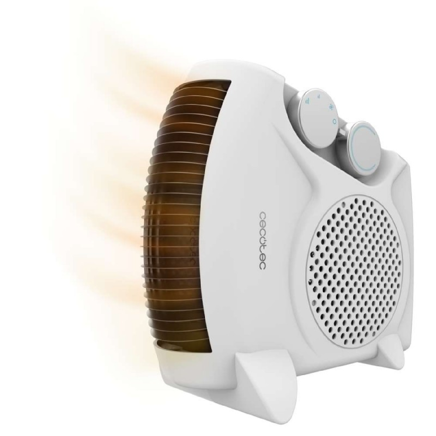 Un termoventilatore bianco e marrone. Ha una ventola e comandi laterali. Il logo Cecotec è visibile.