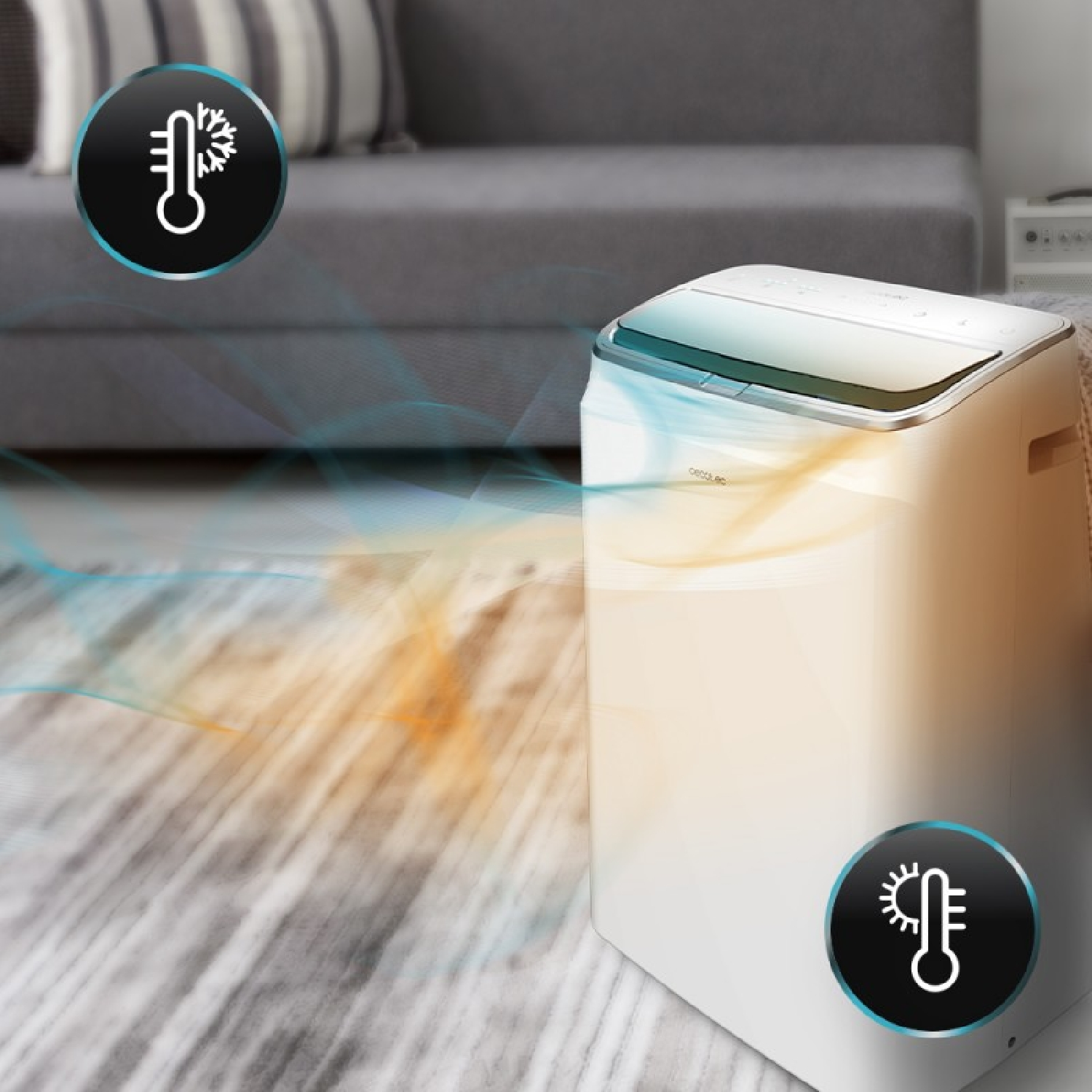 Biała klimatyzacja z ikonami temperatury. Niebieskie i pomarańczowe strumienie powietrza. Szara sofa w tle.