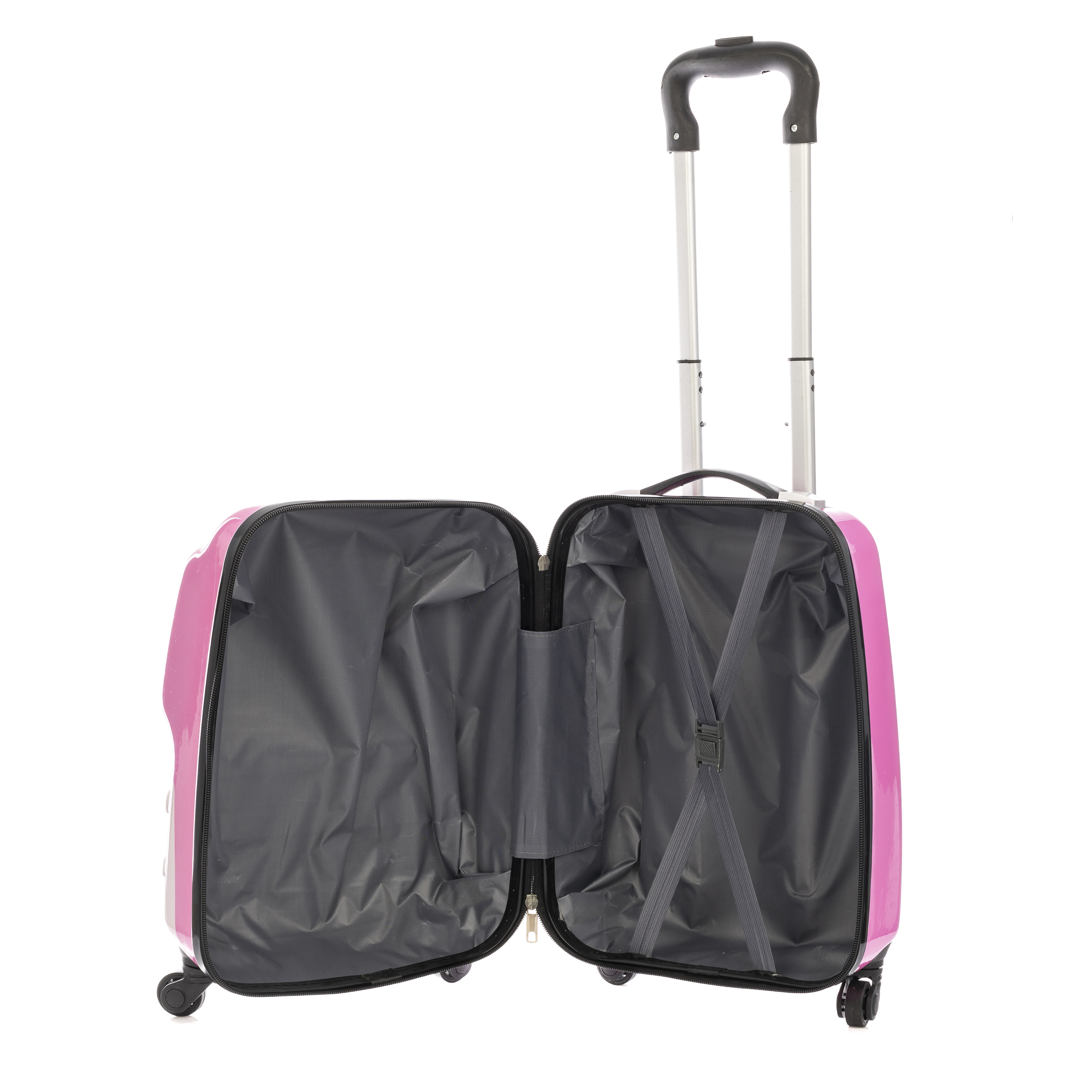 Maleta rosa abierta con asa extendida. Interior gris con correas. Ruedas en la base. Fondo blanco.